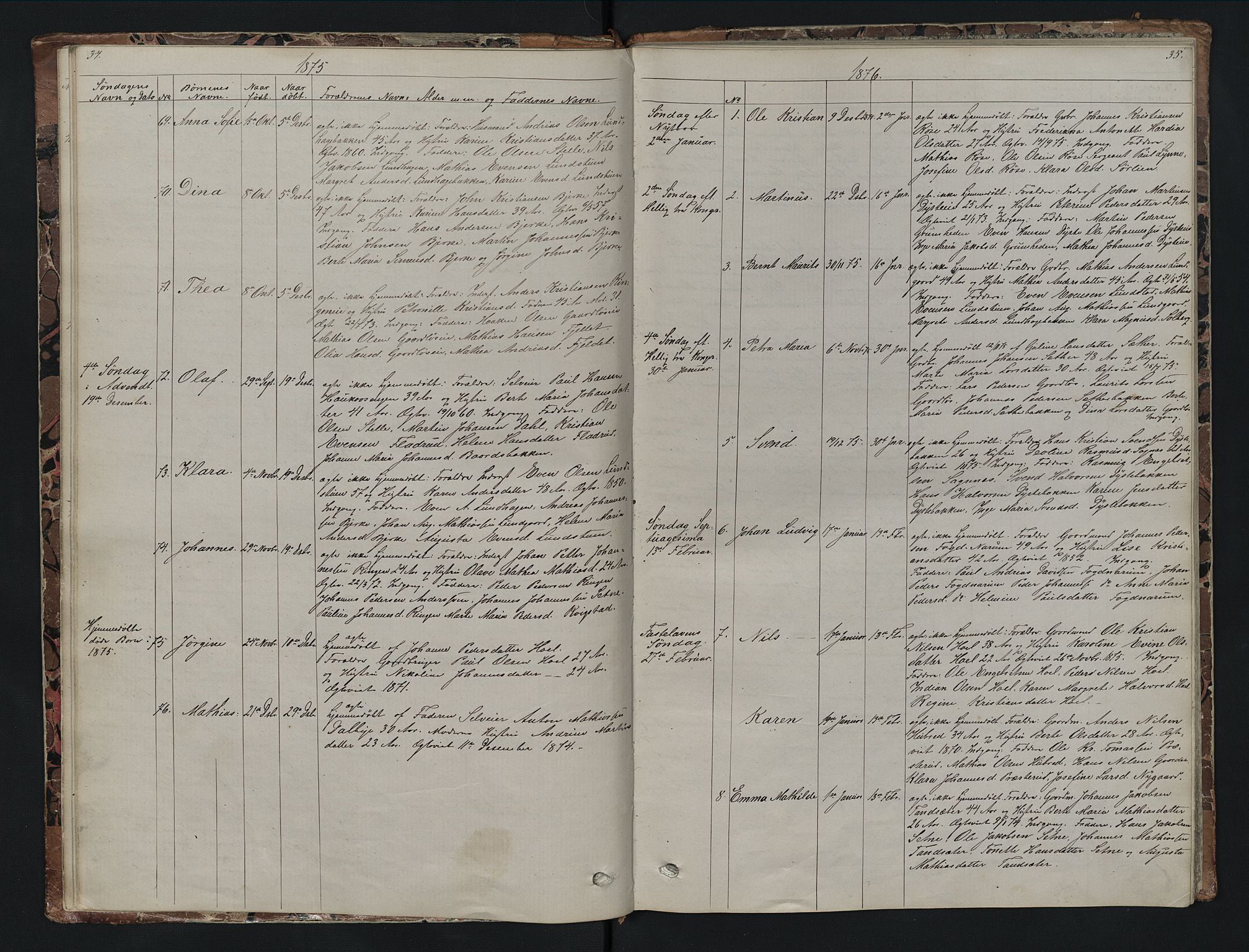 Vestre Toten prestekontor, SAH/PREST-108/H/Ha/Hab/L0007: Parish register (copy) no. 7, 1872-1900, p. 34-35
