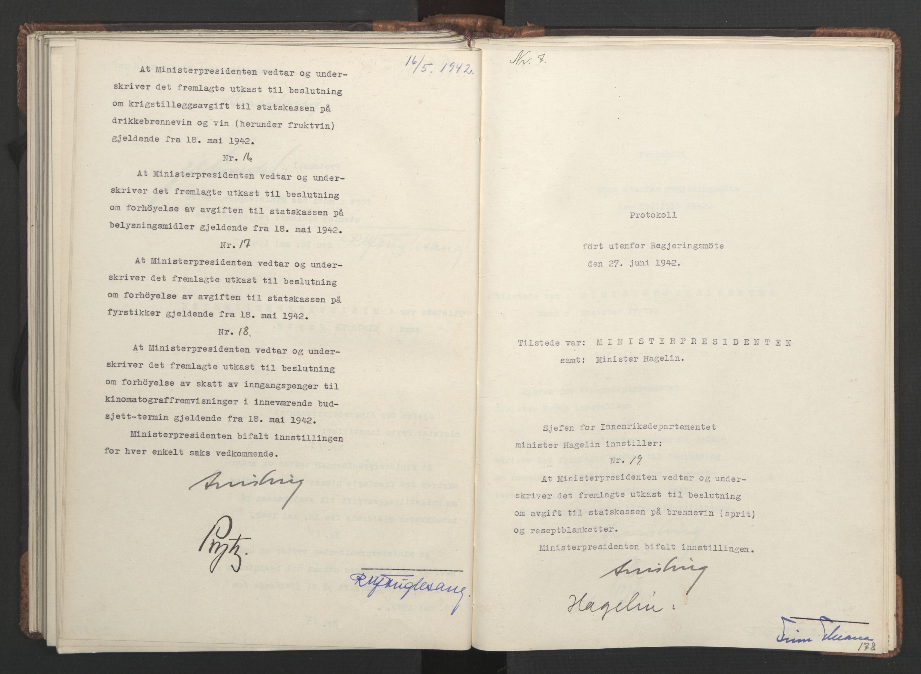 NS-administrasjonen 1940-1945 (Statsrådsekretariatet, de kommisariske statsråder mm), RA/S-4279/D/Da/L0001: Beslutninger og tillegg (1-952 og 1-32), 1942, p. 182