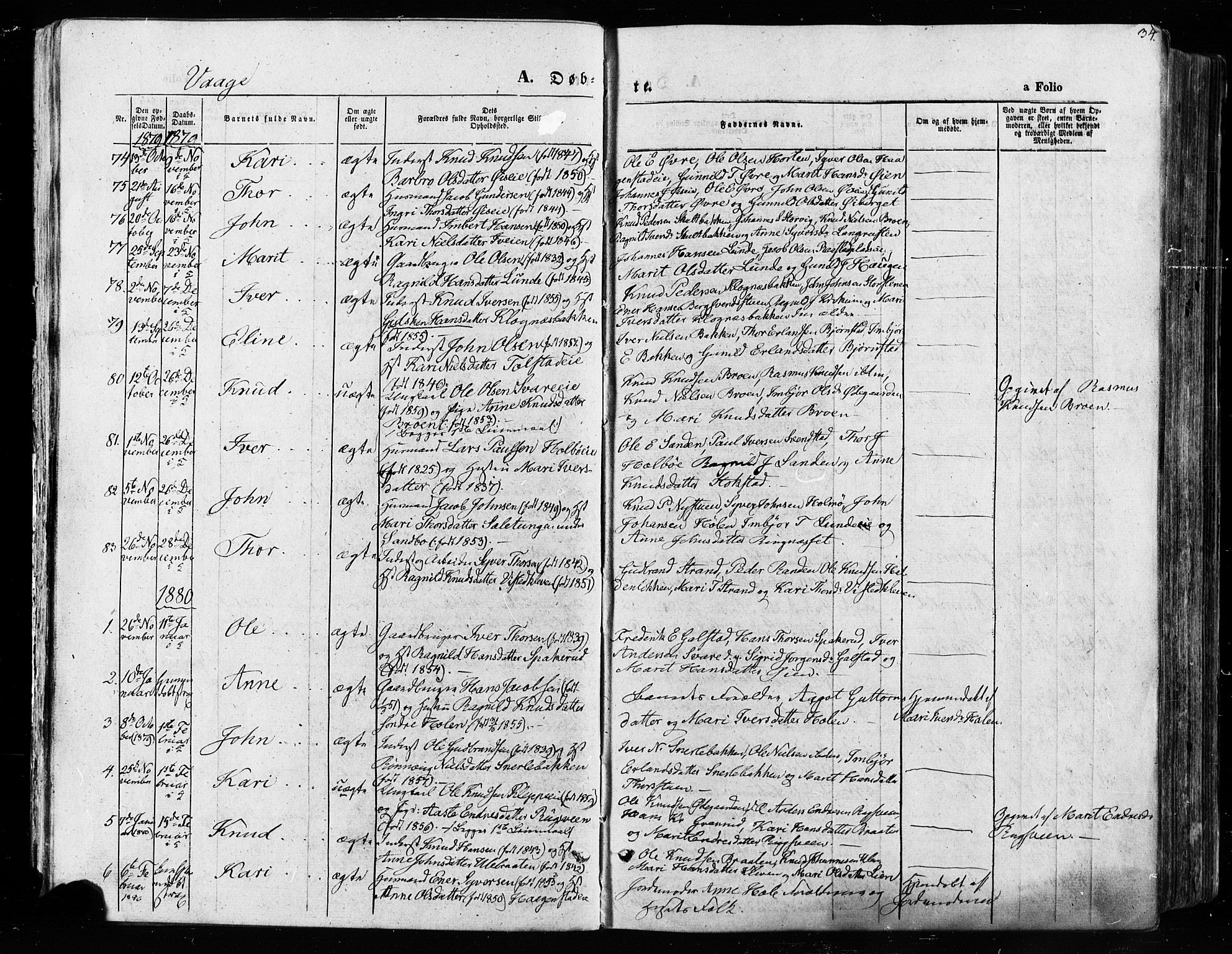 Vågå prestekontor, SAH/PREST-076/H/Ha/Haa/L0007: Parish register (official) no. 7 /1, 1872-1886, p. 34