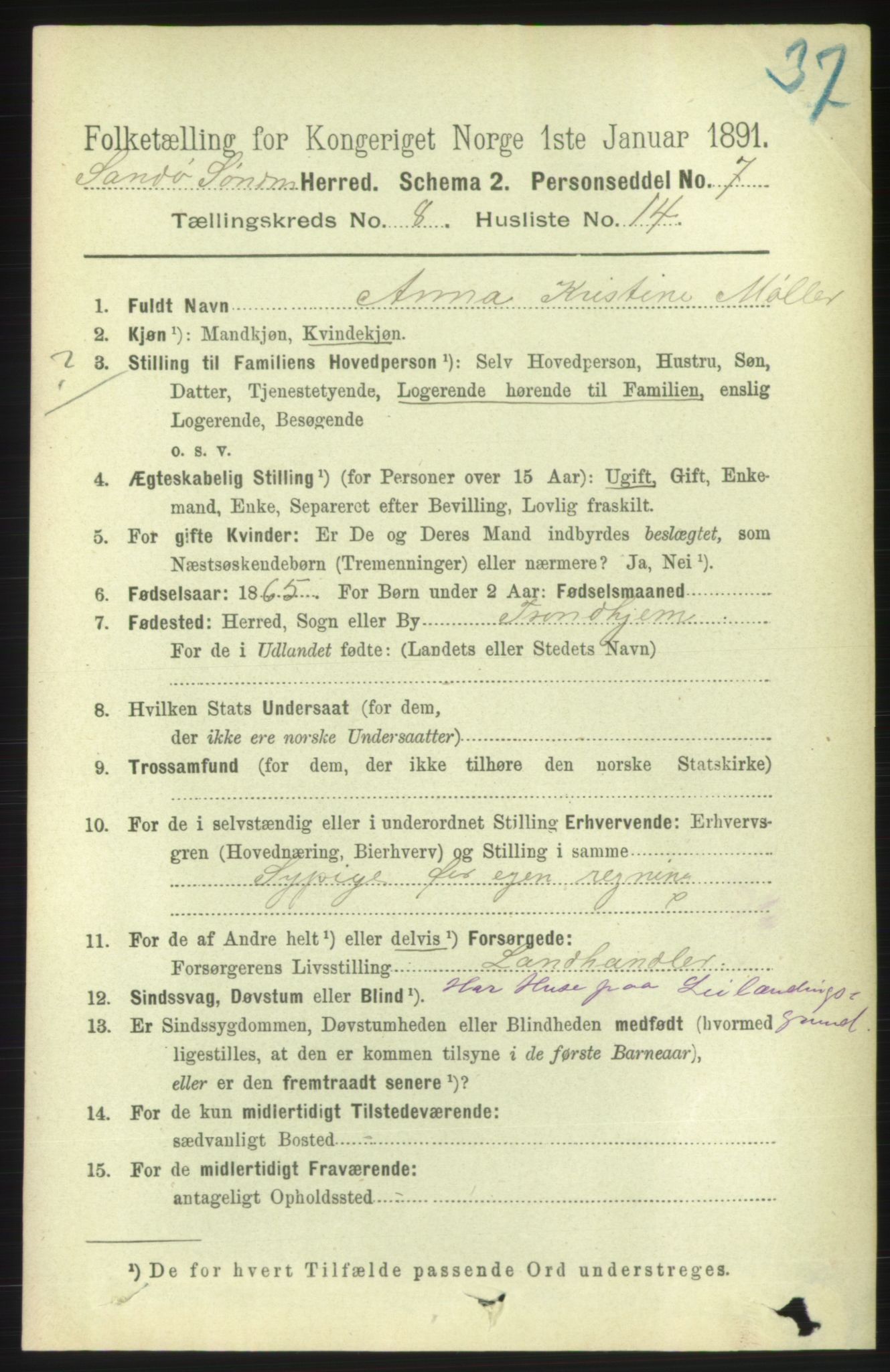 RA, 1891 census for 1514 Sande, 1891, p. 1444