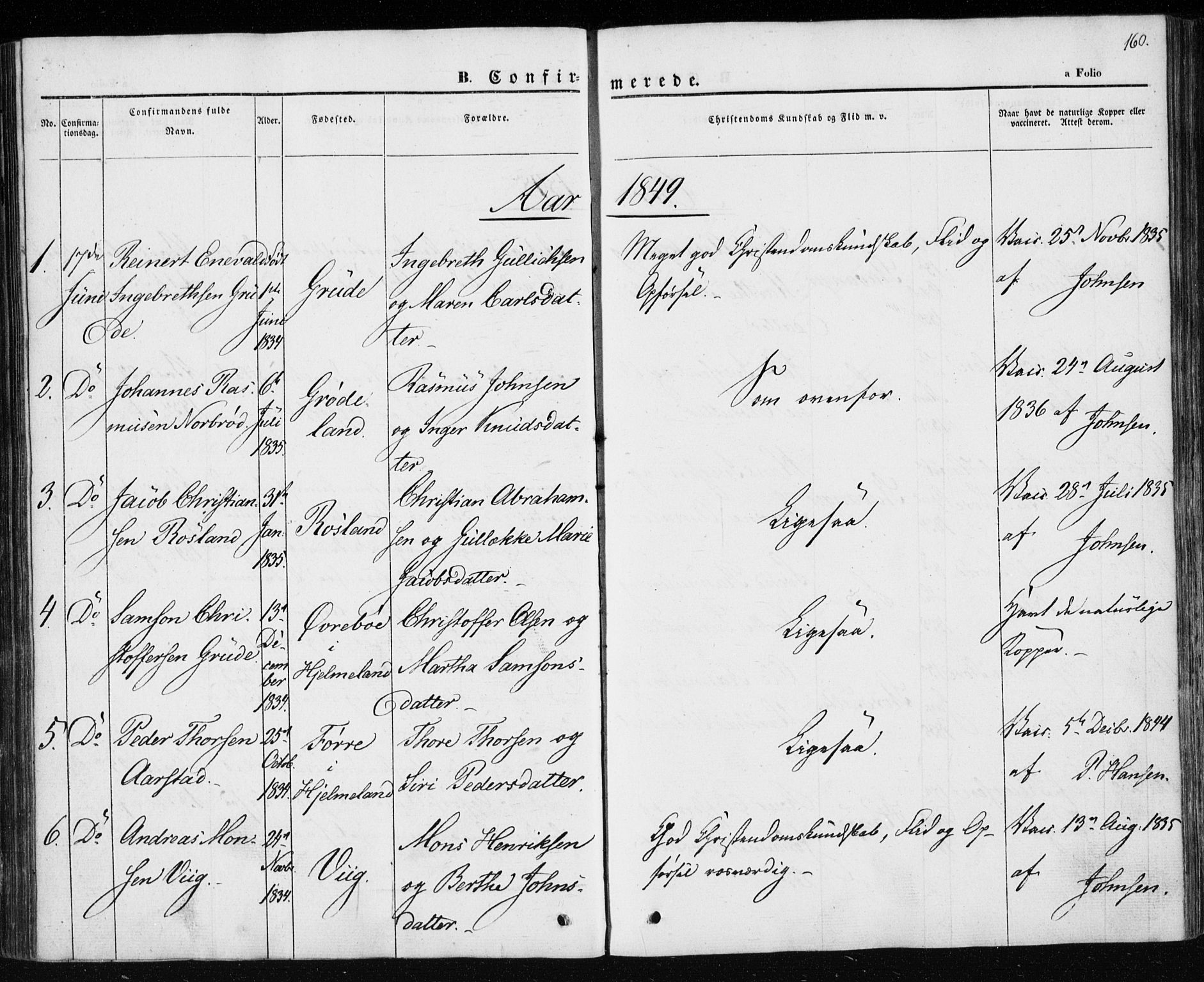 Klepp sokneprestkontor, SAST/A-101803/001/3/30BA/L0004: Parish register (official) no. A 4, 1842-1852, p. 160