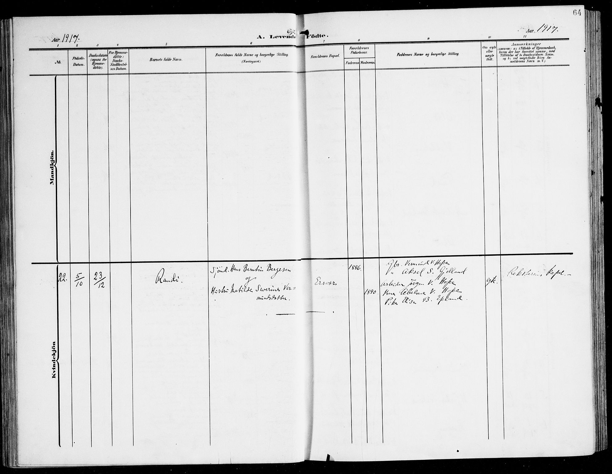 Tysnes sokneprestembete, SAB/A-78601/H/Haa: Parish register (official) no. D 2, 1905-1922, p. 64