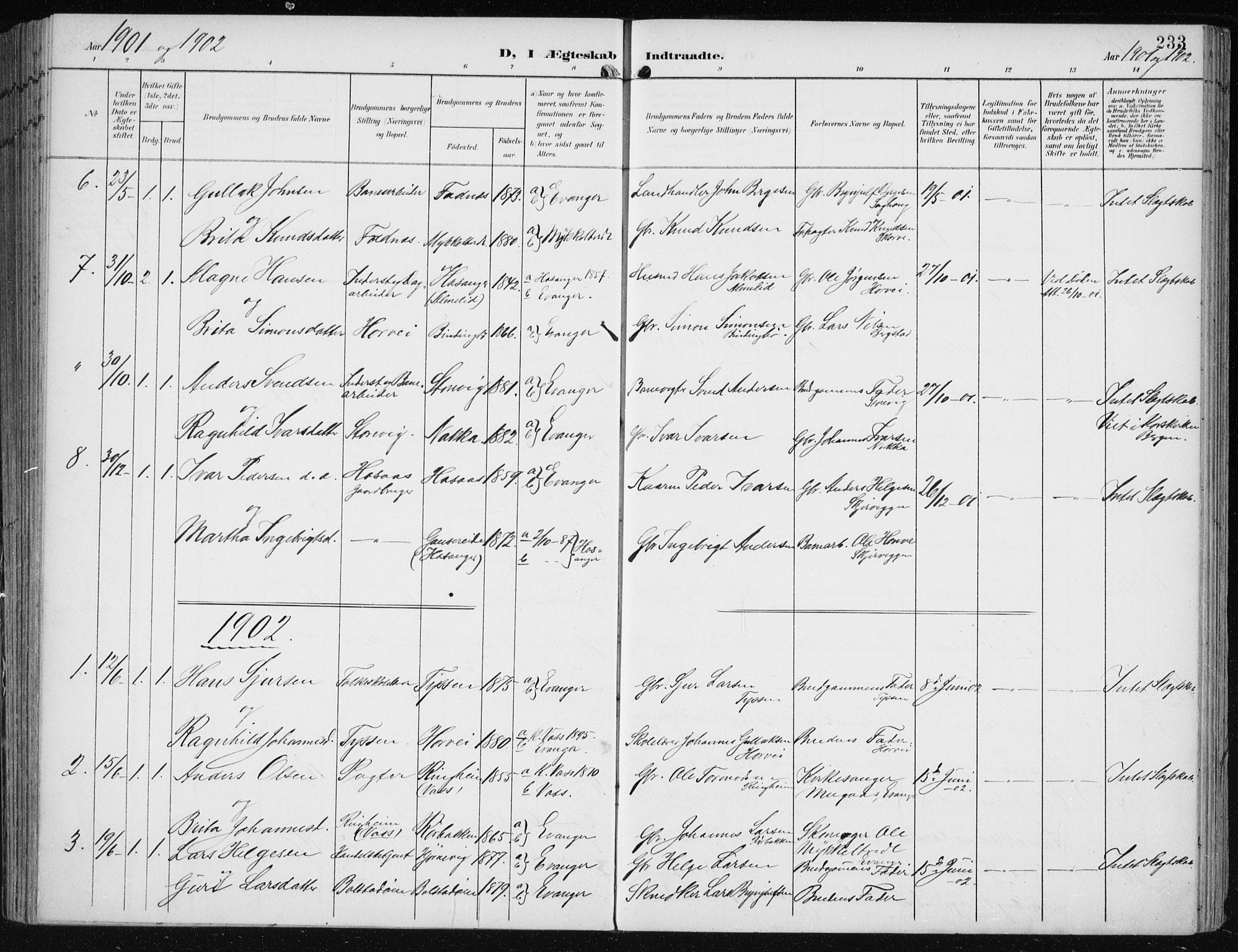 Evanger sokneprestembete, AV/SAB-A-99924: Parish register (official) no. A  3, 1900-1930, p. 233