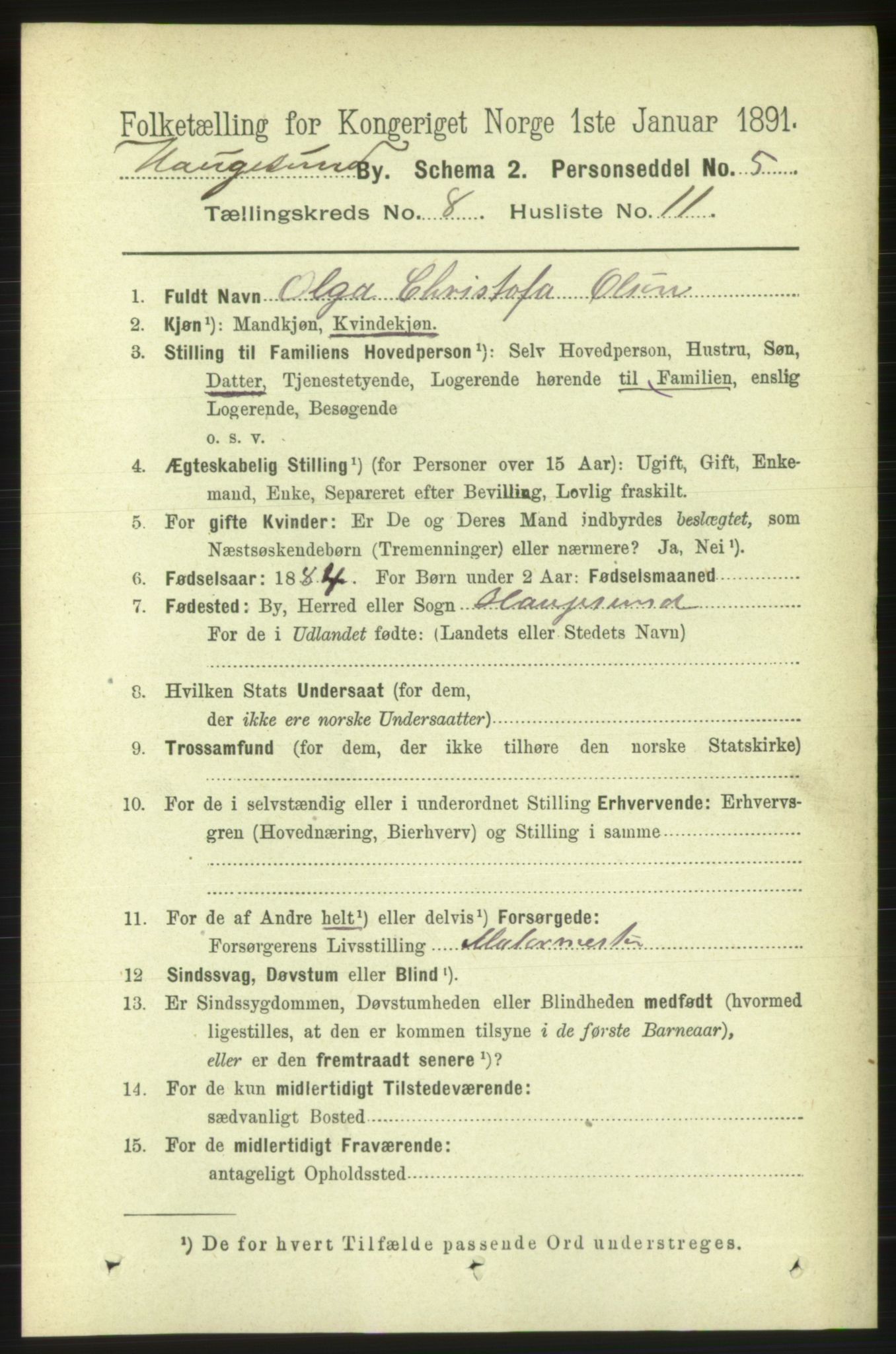 RA, 1891 census for 1106 Haugesund, 1891, p. 3704