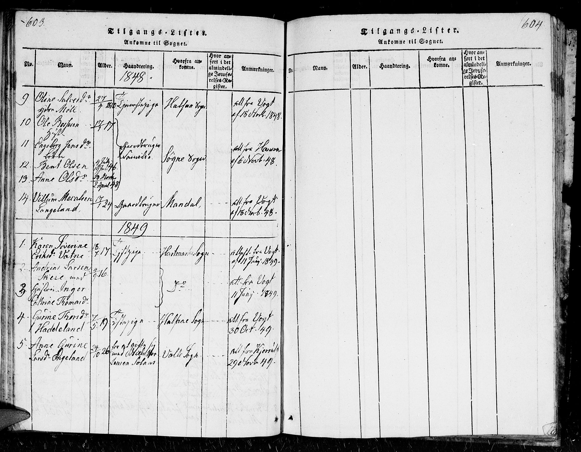 Holum sokneprestkontor, SAK/1111-0022/F/Fb/Fba/L0002: Parish register (copy) no. B 2, 1820-1849, p. 603-604