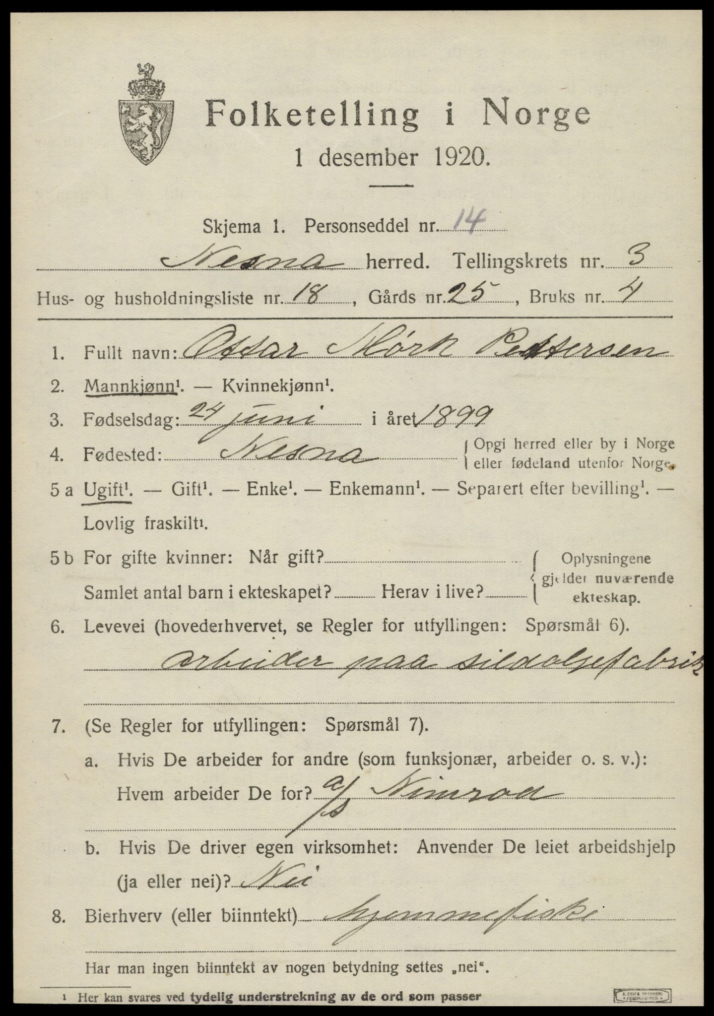 SAT, 1920 census for Nesna, 1920, p. 2797