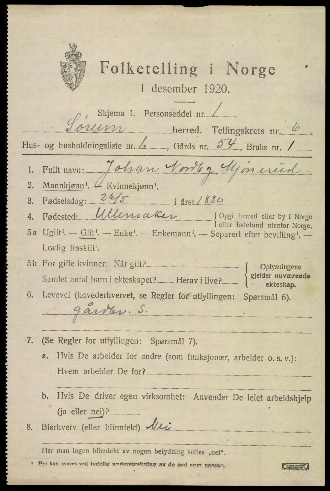 SAO, 1920 census for Sørum, 1920, p. 5447