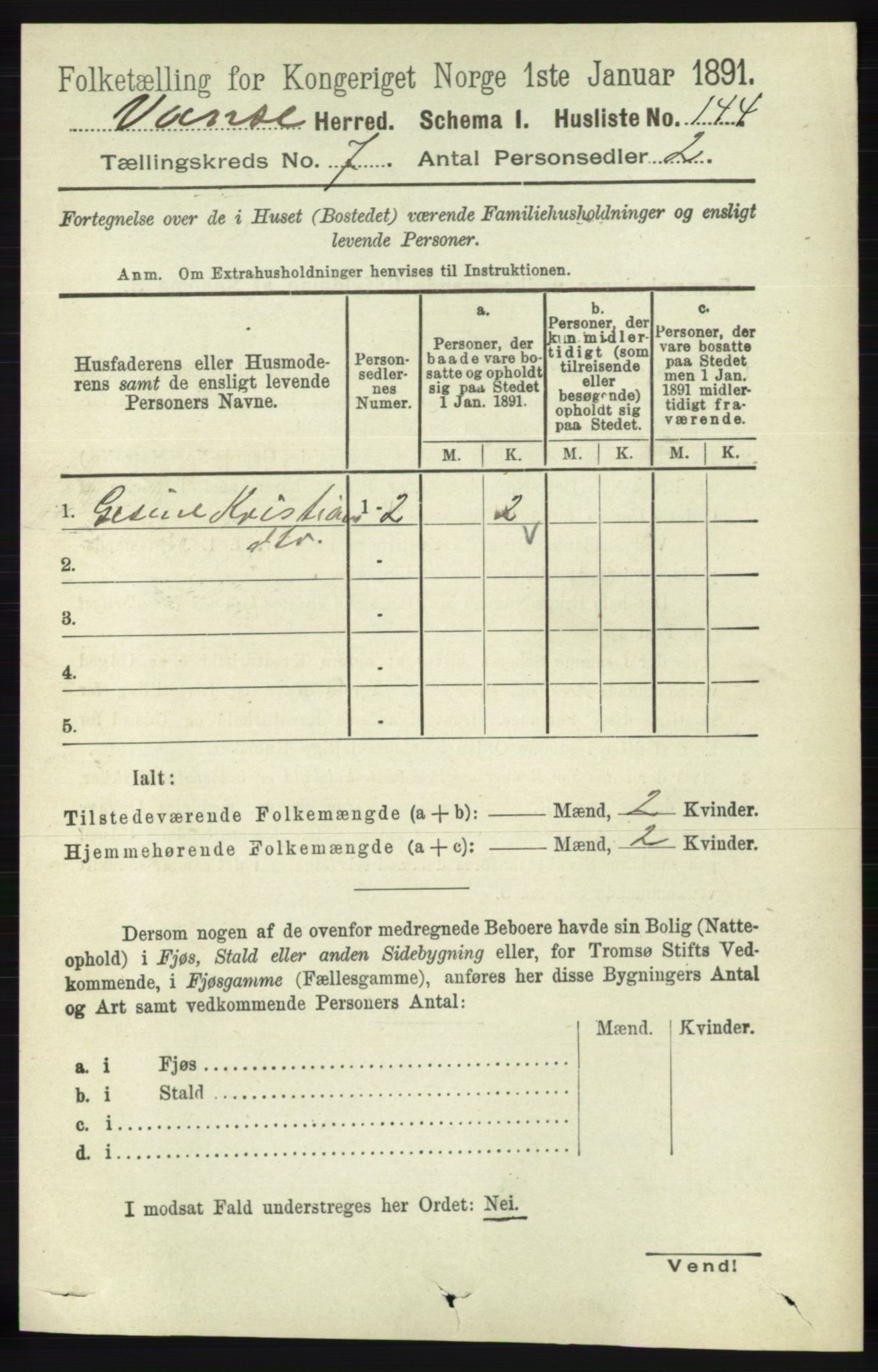 RA, 1891 census for 1041 Vanse, 1891, p. 4084