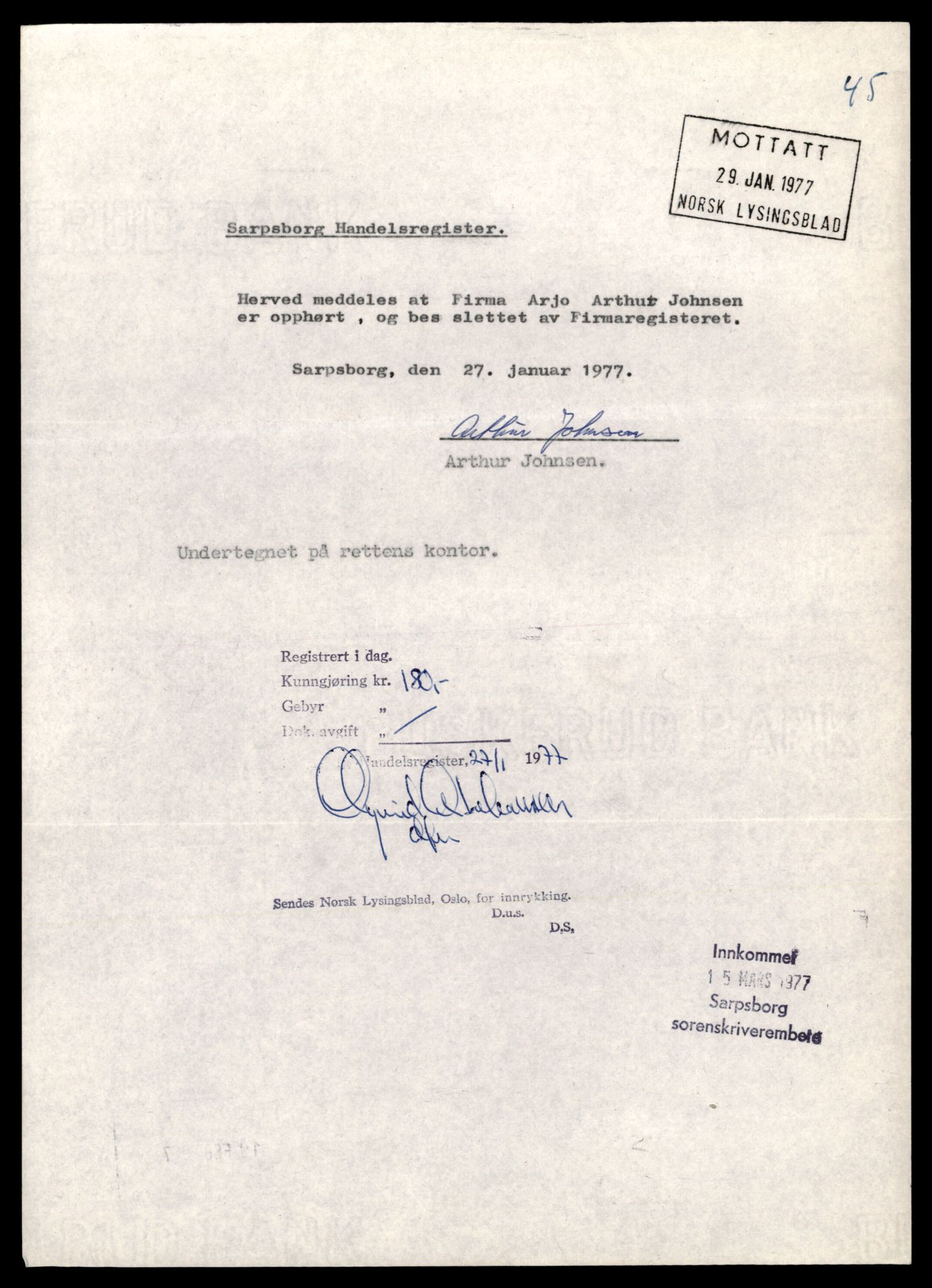 Sarpsborg tingrett, AV/SAT-A-10471a/K/Kb/Kbb/L0002: Enkeltmannsforetak, Ar - Bp, 1890-1989, p. 1