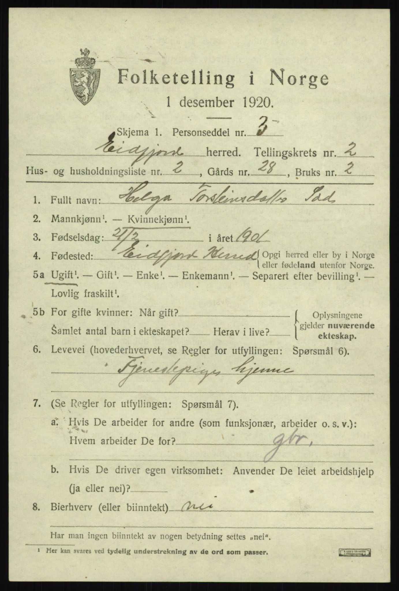 SAB, 1920 census for Eidfjord, 1920, p. 748