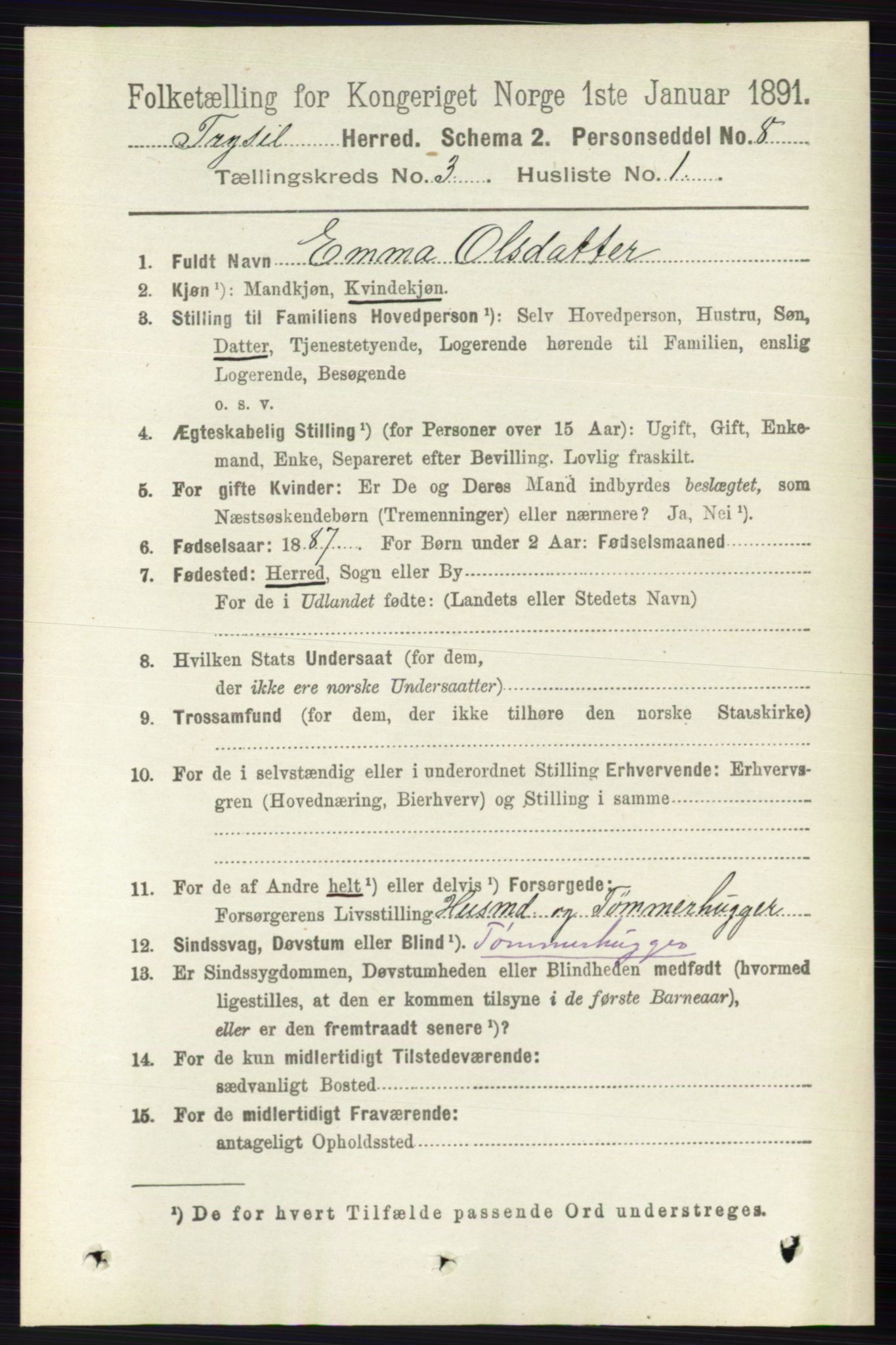 RA, 1891 census for 0428 Trysil, 1891, p. 1330