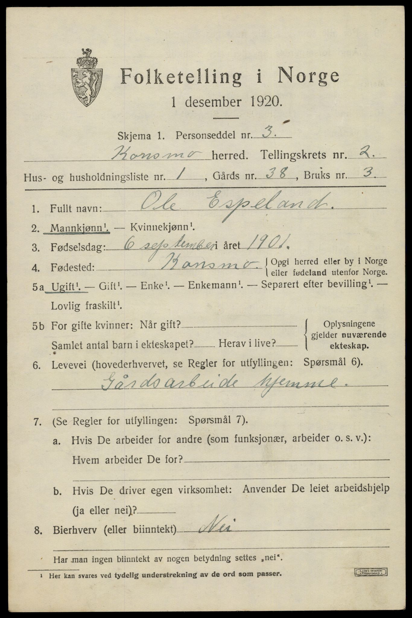 SAK, 1920 census for Konsmo, 1920, p. 988