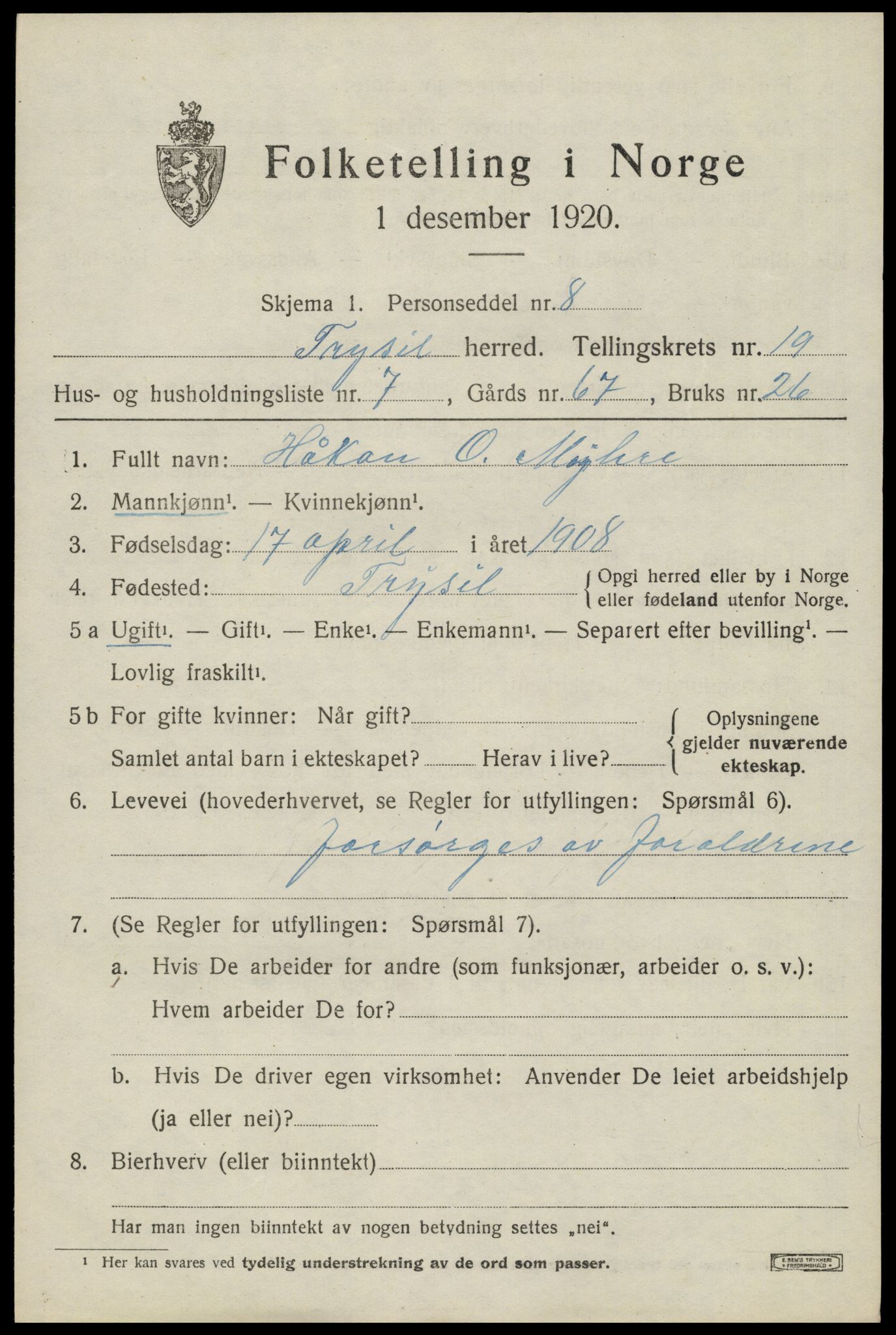 SAH, 1920 census for Trysil, 1920, p. 12807