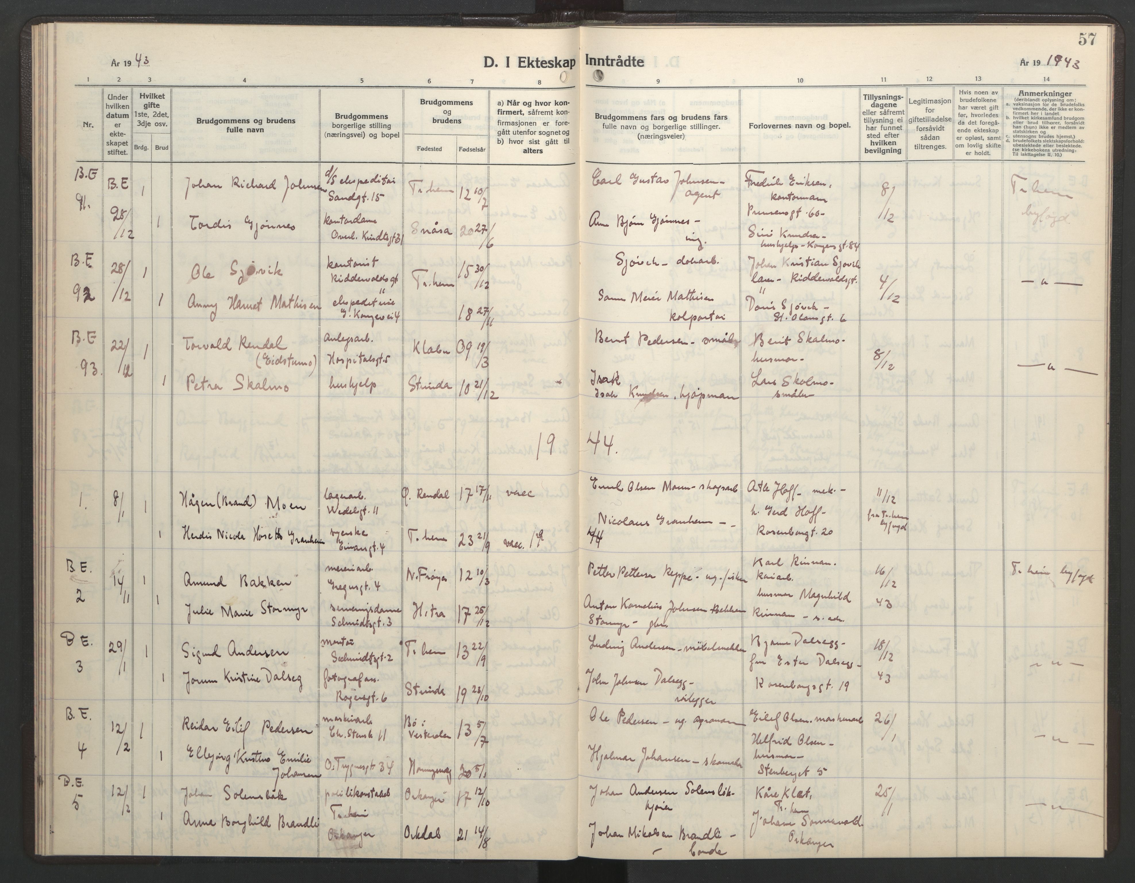 Ministerialprotokoller, klokkerbøker og fødselsregistre - Sør-Trøndelag, AV/SAT-A-1456/602/L0154: Parish register (copy) no. 602C22, 1940-1947, p. 57