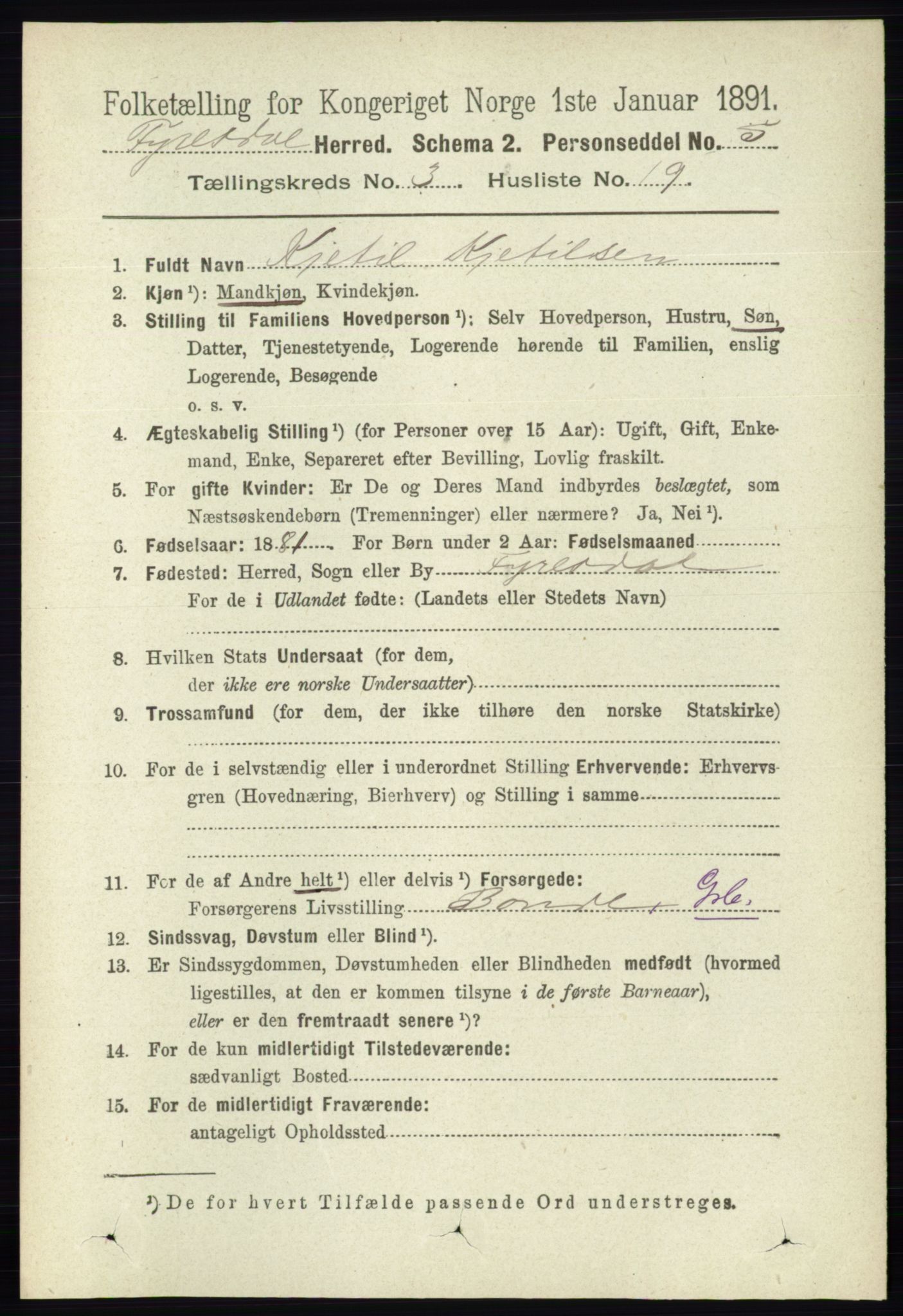 RA, 1891 census for 0831 Fyresdal, 1891, p. 580