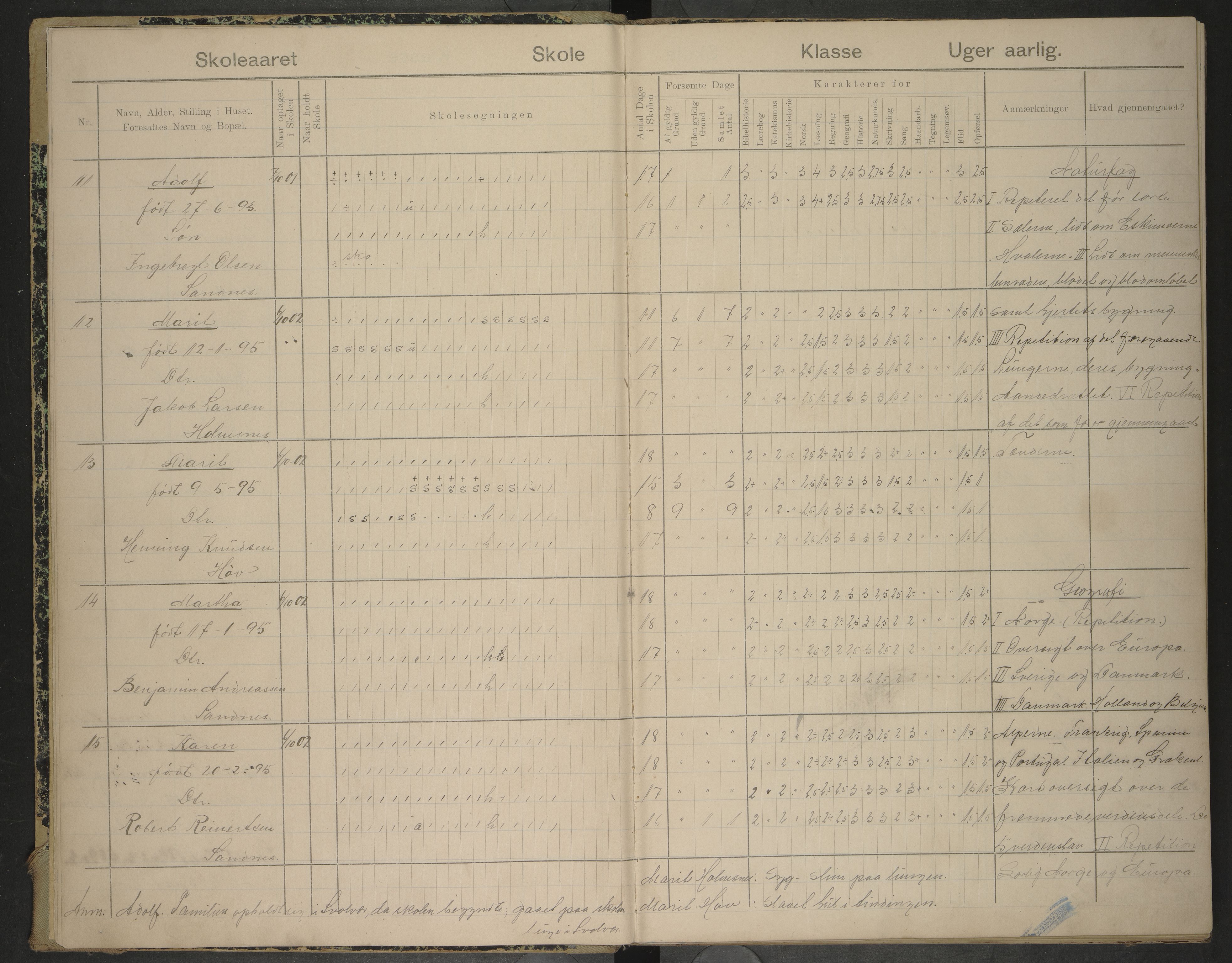 Hadsel kommune. Hov skolekrets, AIN/K-18660.510.55/G/L0002: Skoleprotokoll Hov skole, 1904-1913