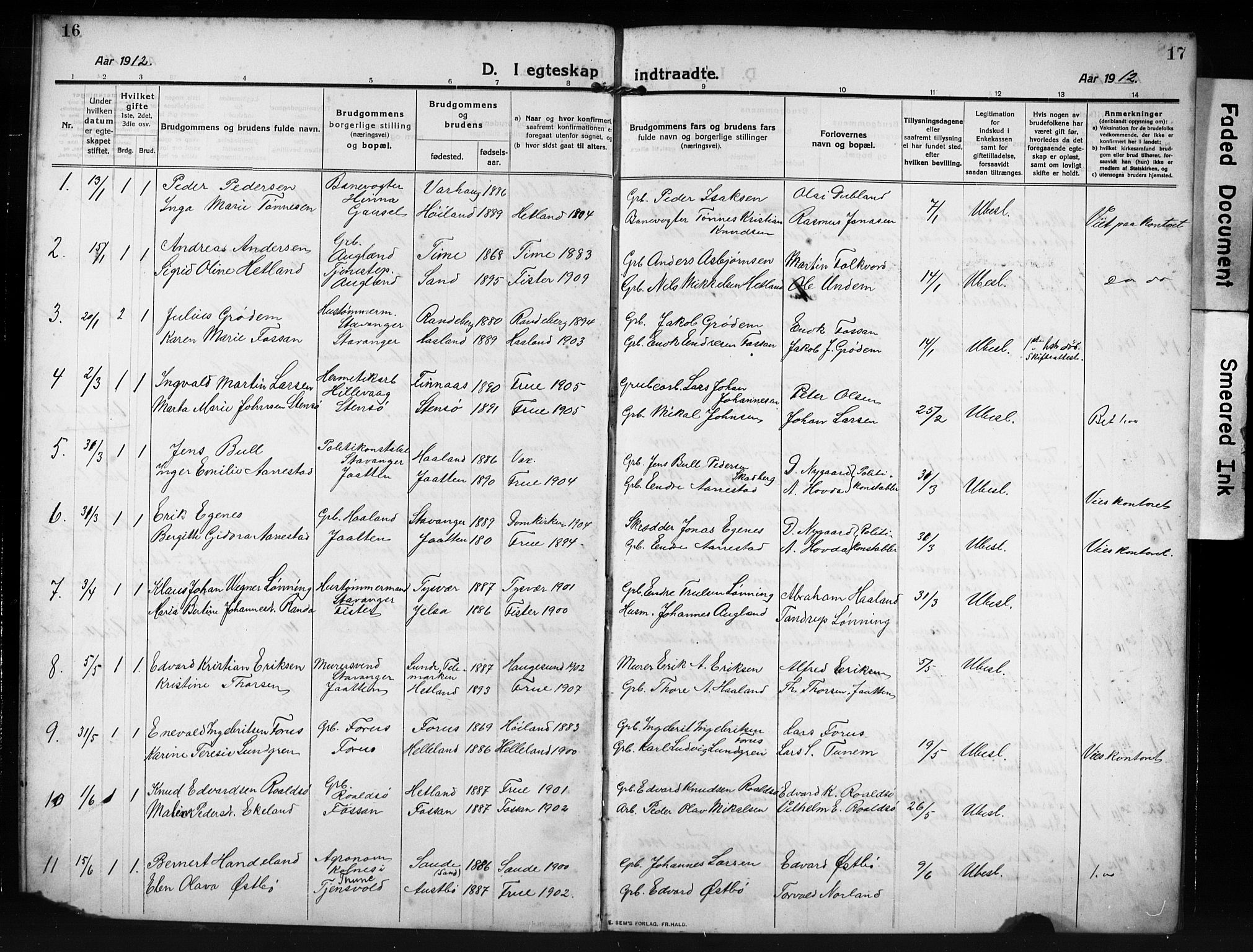 Hetland sokneprestkontor, SAST/A-101826/30/30BB/L0009: Parish register (copy) no. B 9, 1910-1931, p. 16-17
