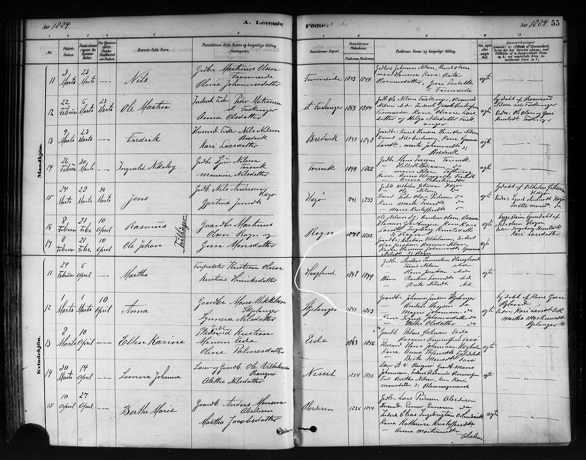 Herdla Sokneprestembete, AV/SAB-A-75701/H/Haa: Parish register (official) no. A 3, 1878-1890, p. 55