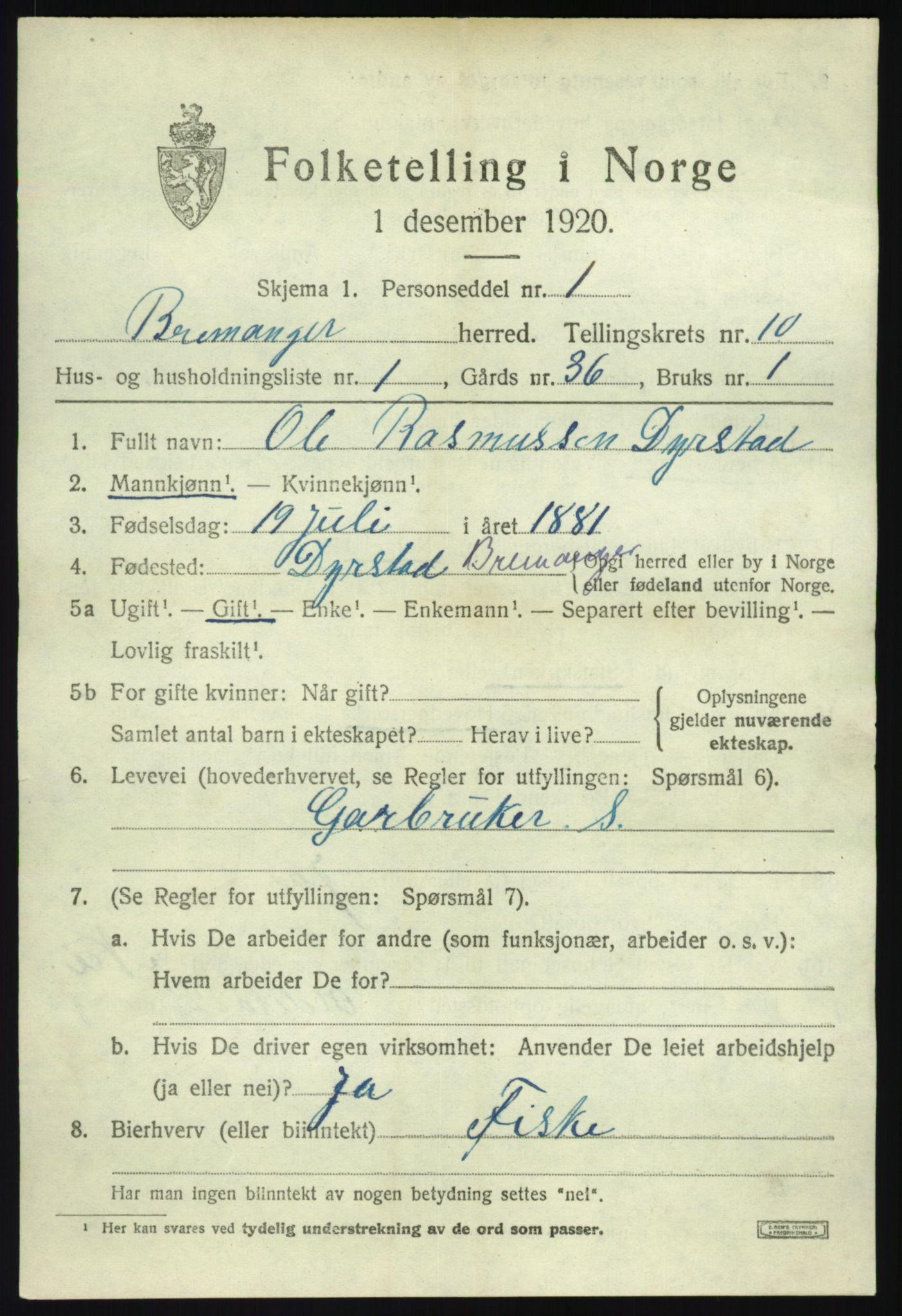 SAB, 1920 census for Bremanger, 1920, p. 5418