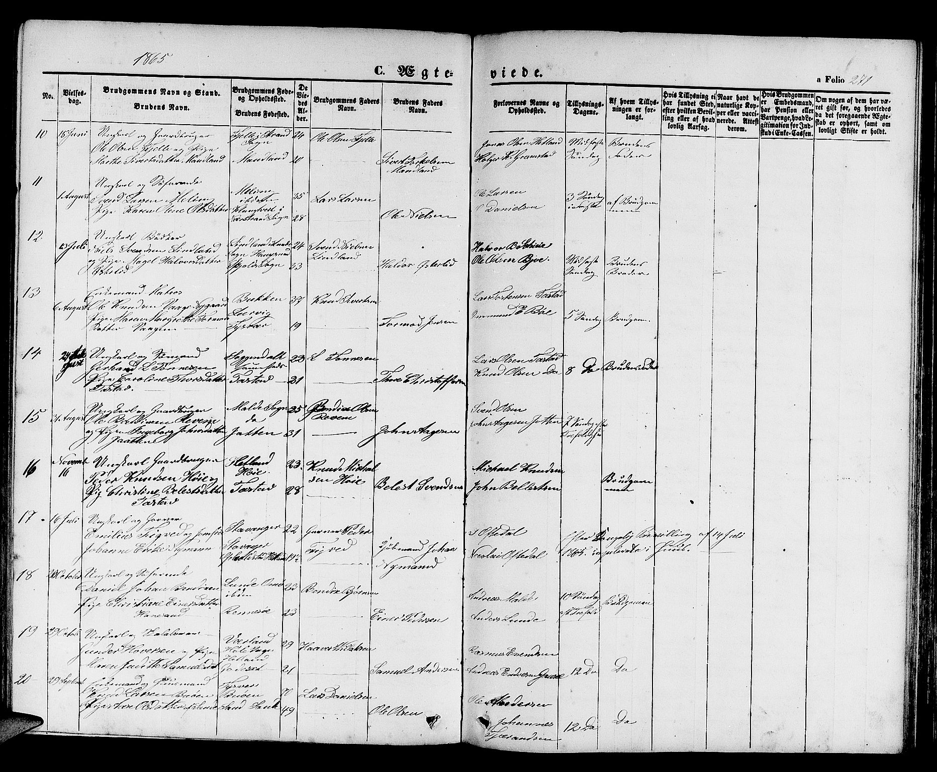 Hetland sokneprestkontor, SAST/A-101826/30/30BB/L0003: Parish register (copy) no. B 3, 1863-1877, p. 271