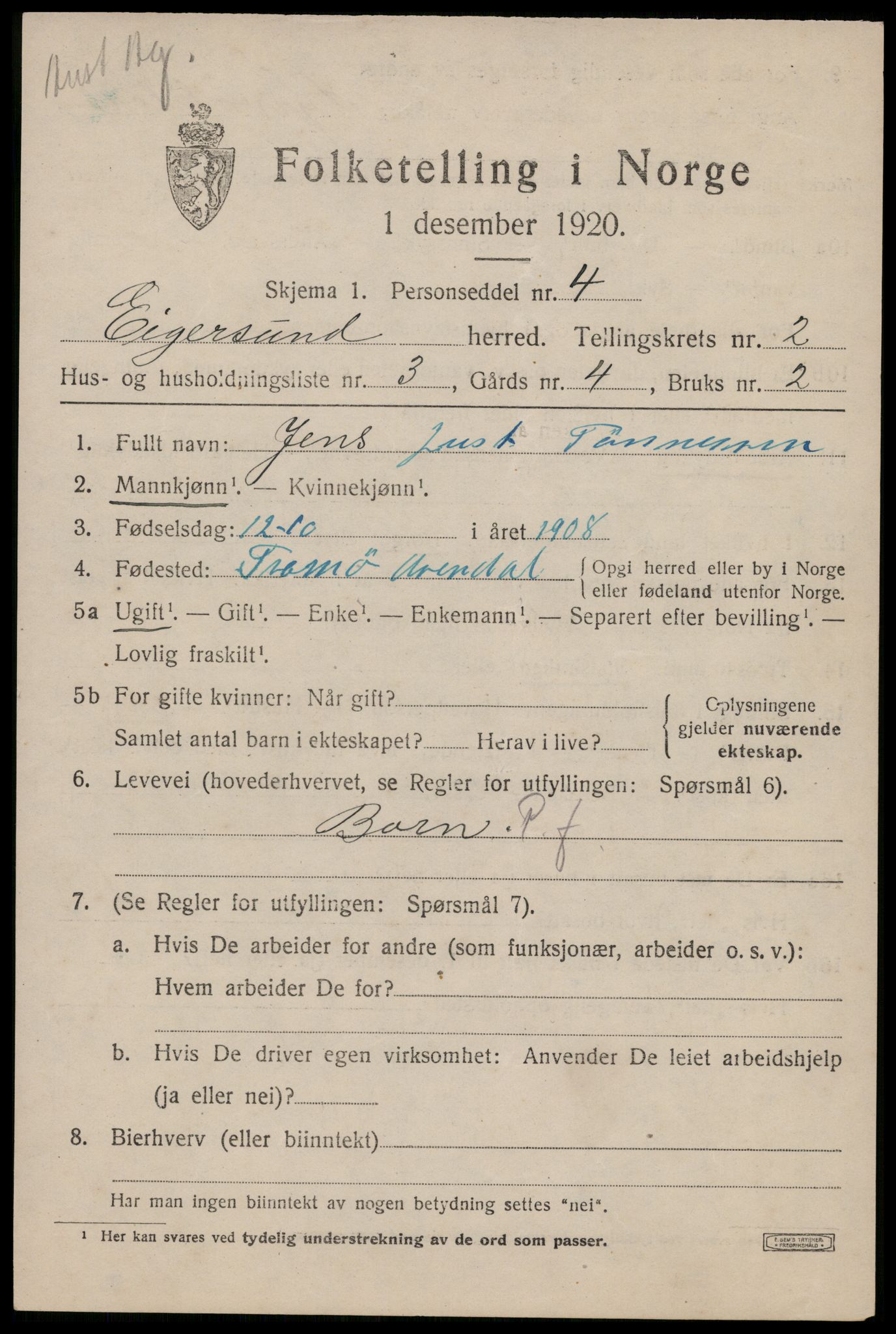 SAST, 1920 census for Eigersund, 1920, p. 1641