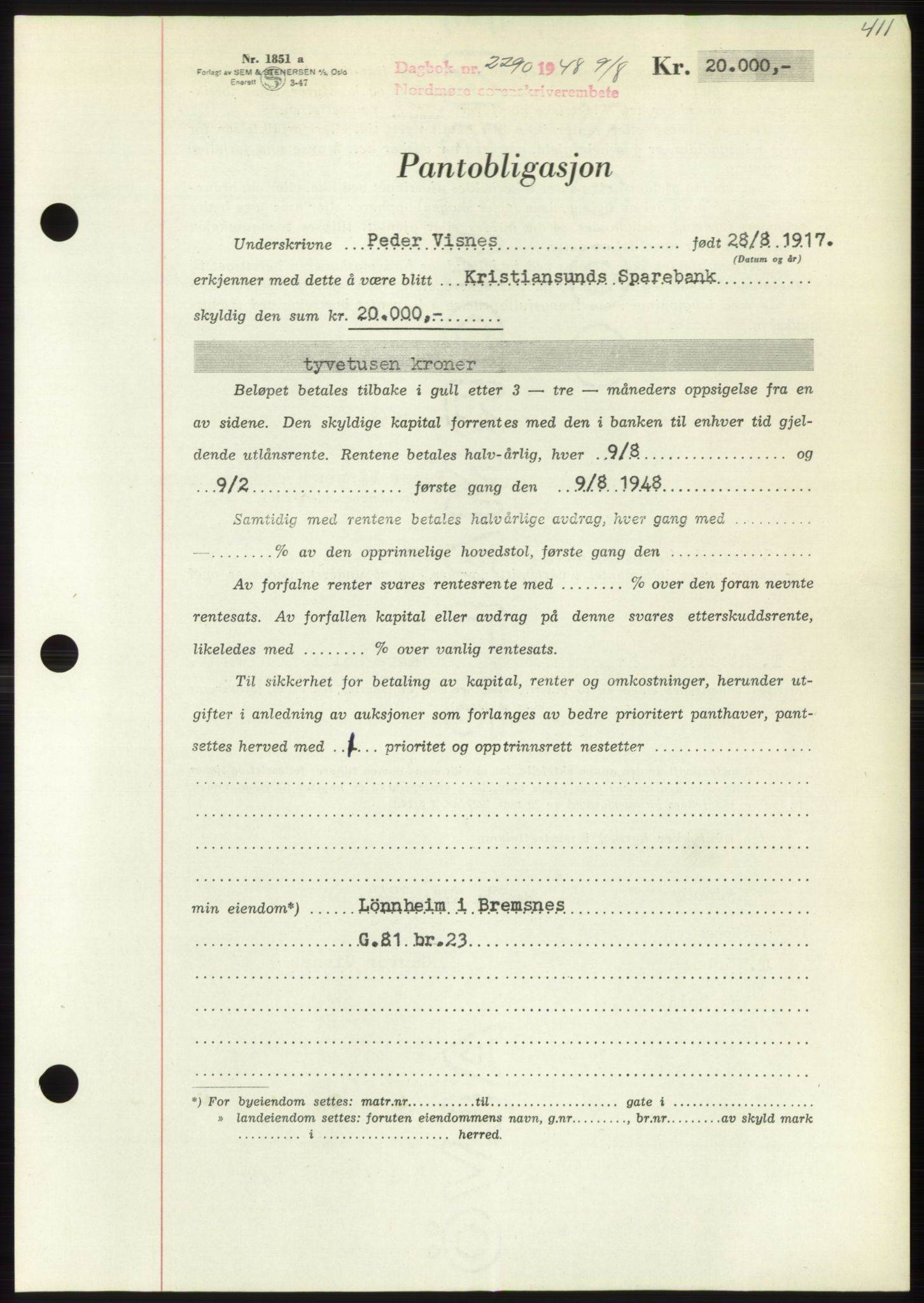 Nordmøre sorenskriveri, AV/SAT-A-4132/1/2/2Ca: Mortgage book no. B99, 1948-1948, Diary no: : 2290/1948