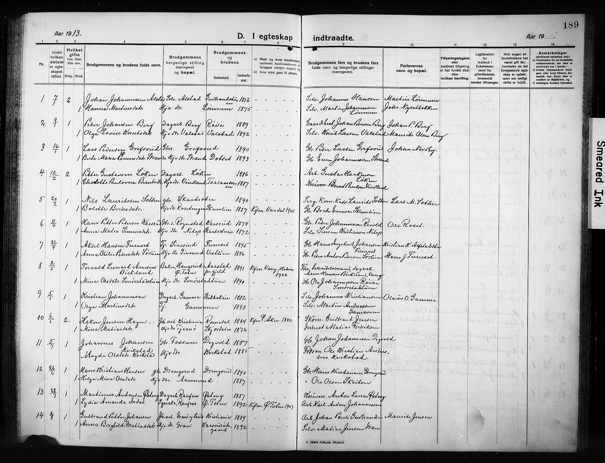 Vestre Toten prestekontor, AV/SAH-PREST-108/H/Ha/Hab/L0012: Parish register (copy) no. 12, 1909-1928, p. 189