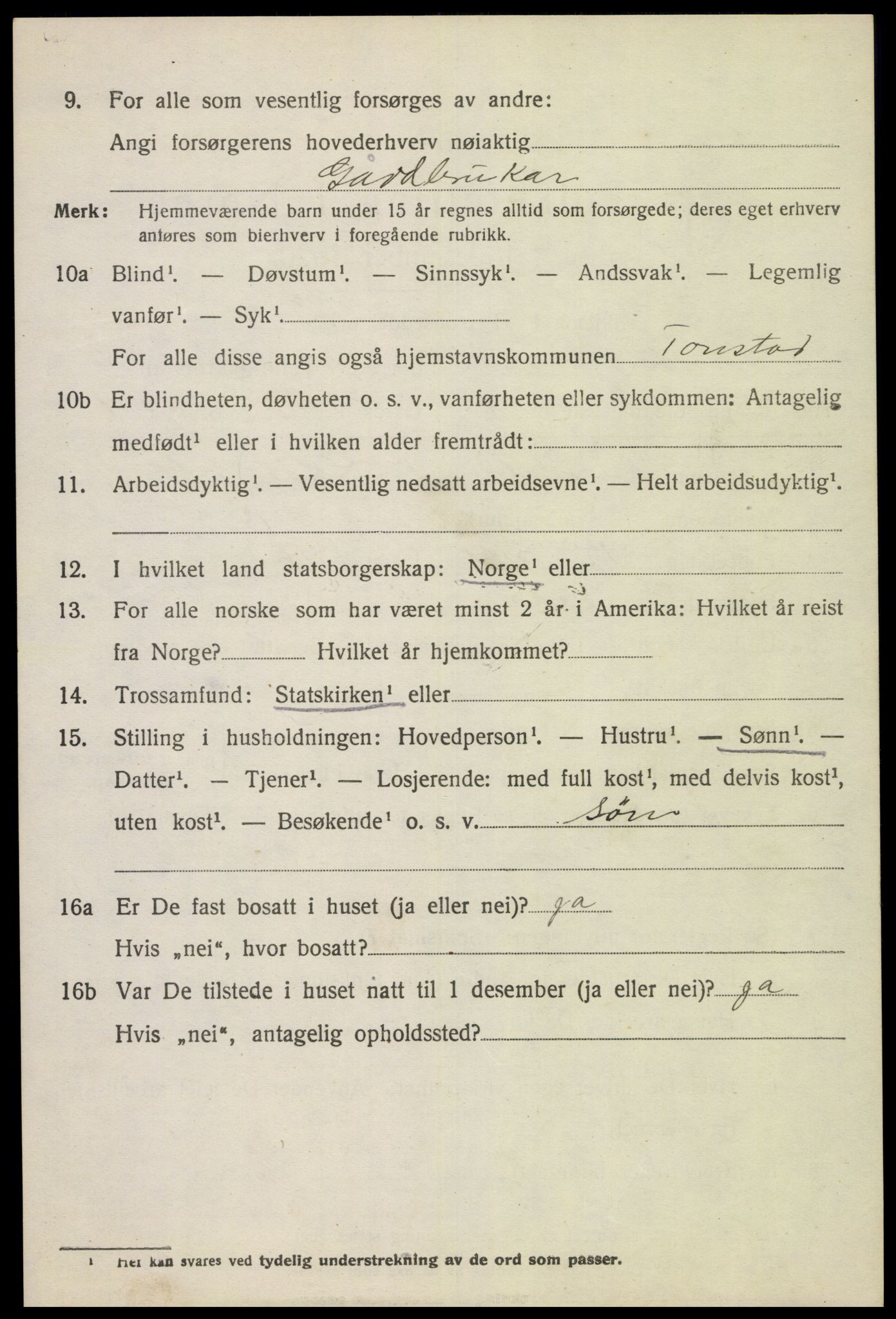 SAK, 1920 census for Tonstad, 1920, p. 997