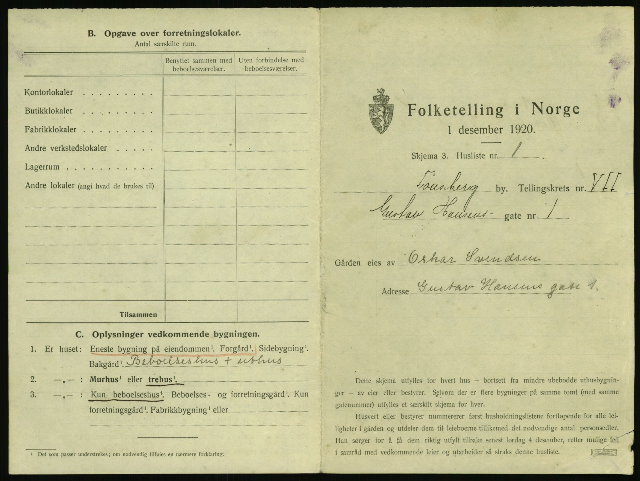 SAKO, 1920 census for Tønsberg, 1920, p. 729