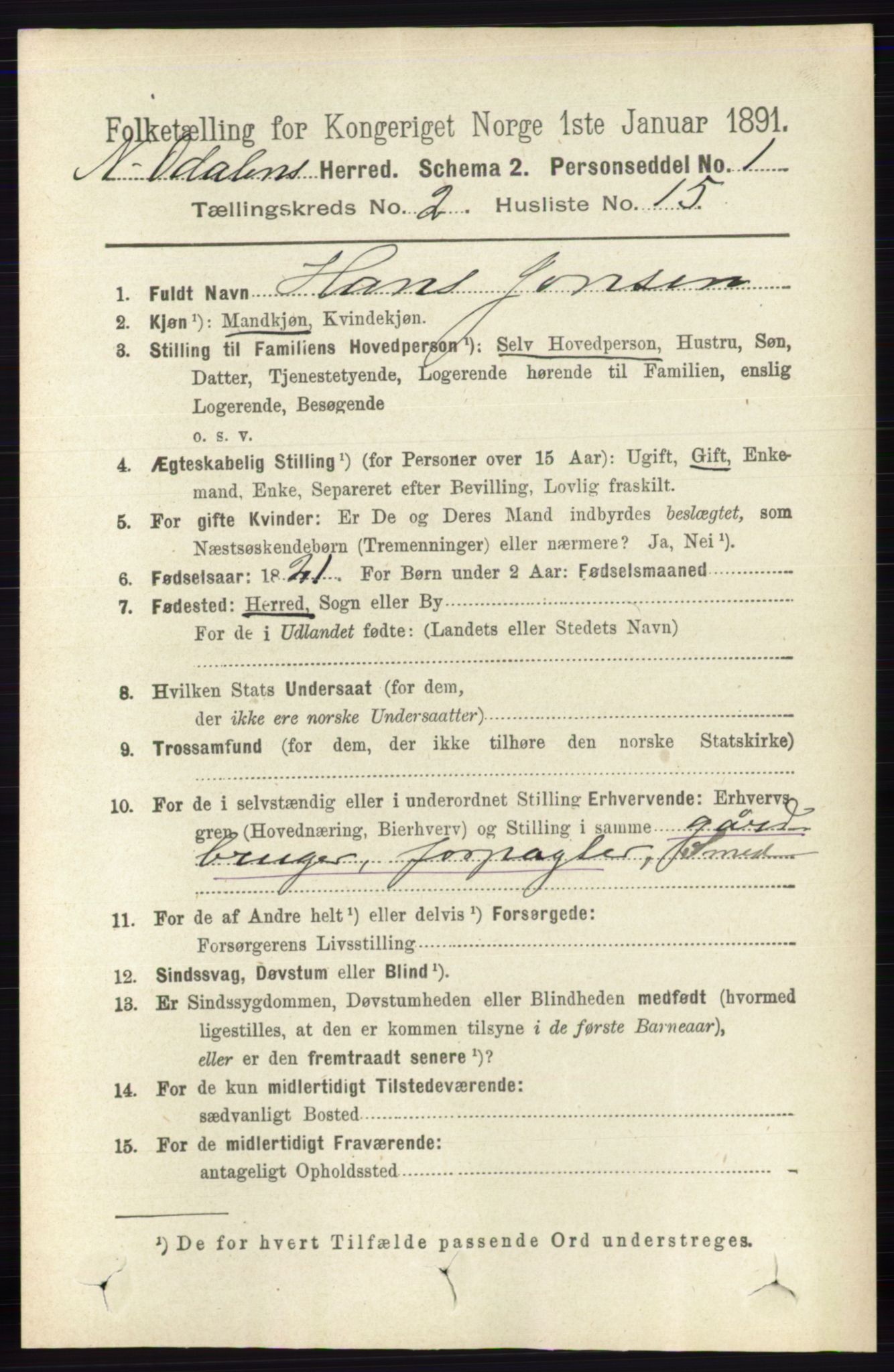 RA, 1891 census for 0418 Nord-Odal, 1891, p. 535