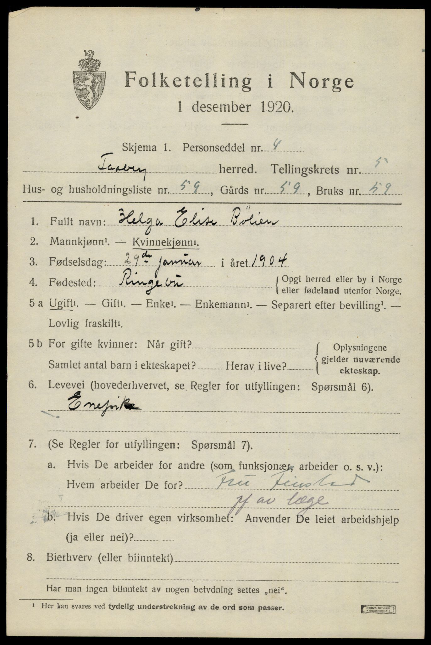 SAH, 1920 census for Fåberg, 1920, p. 6204