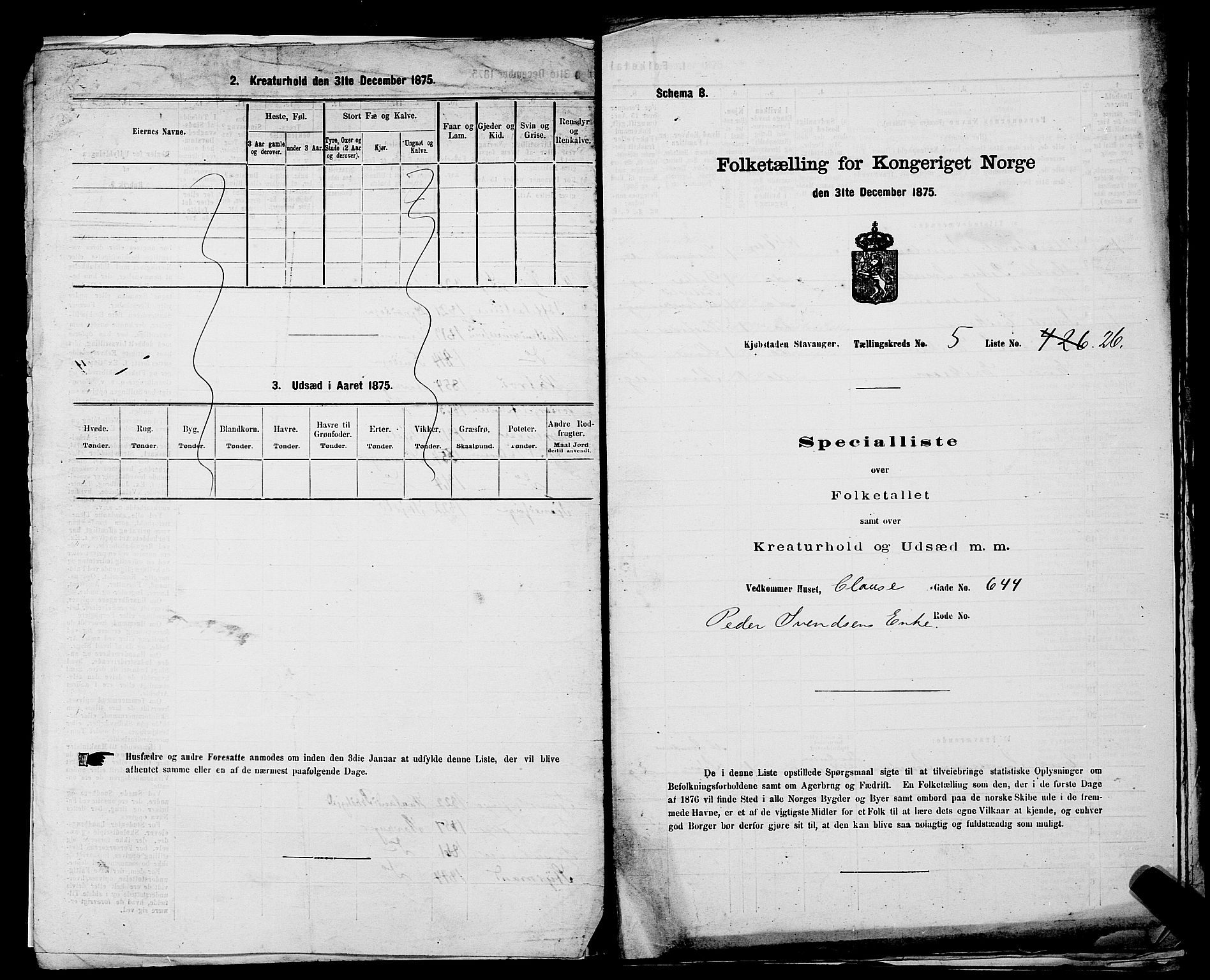 SAST, 1875 census for 1103 Stavanger, 1875, p. 864