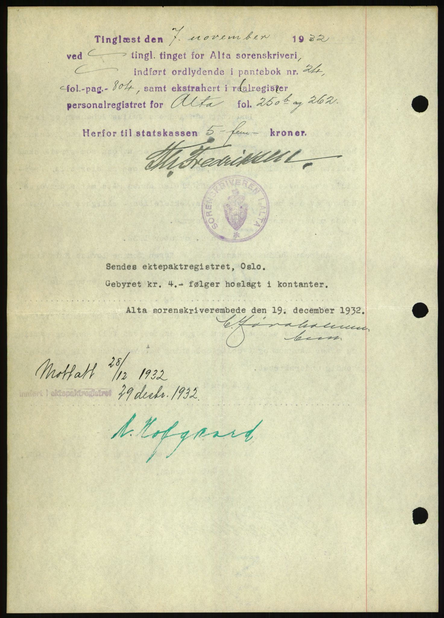 Oslo byskriverembete, AV/SAO-A-10227/2/G/Gb/L0072: Tinglyste ektepakter, Finnmark, bind 1, 1928-1950