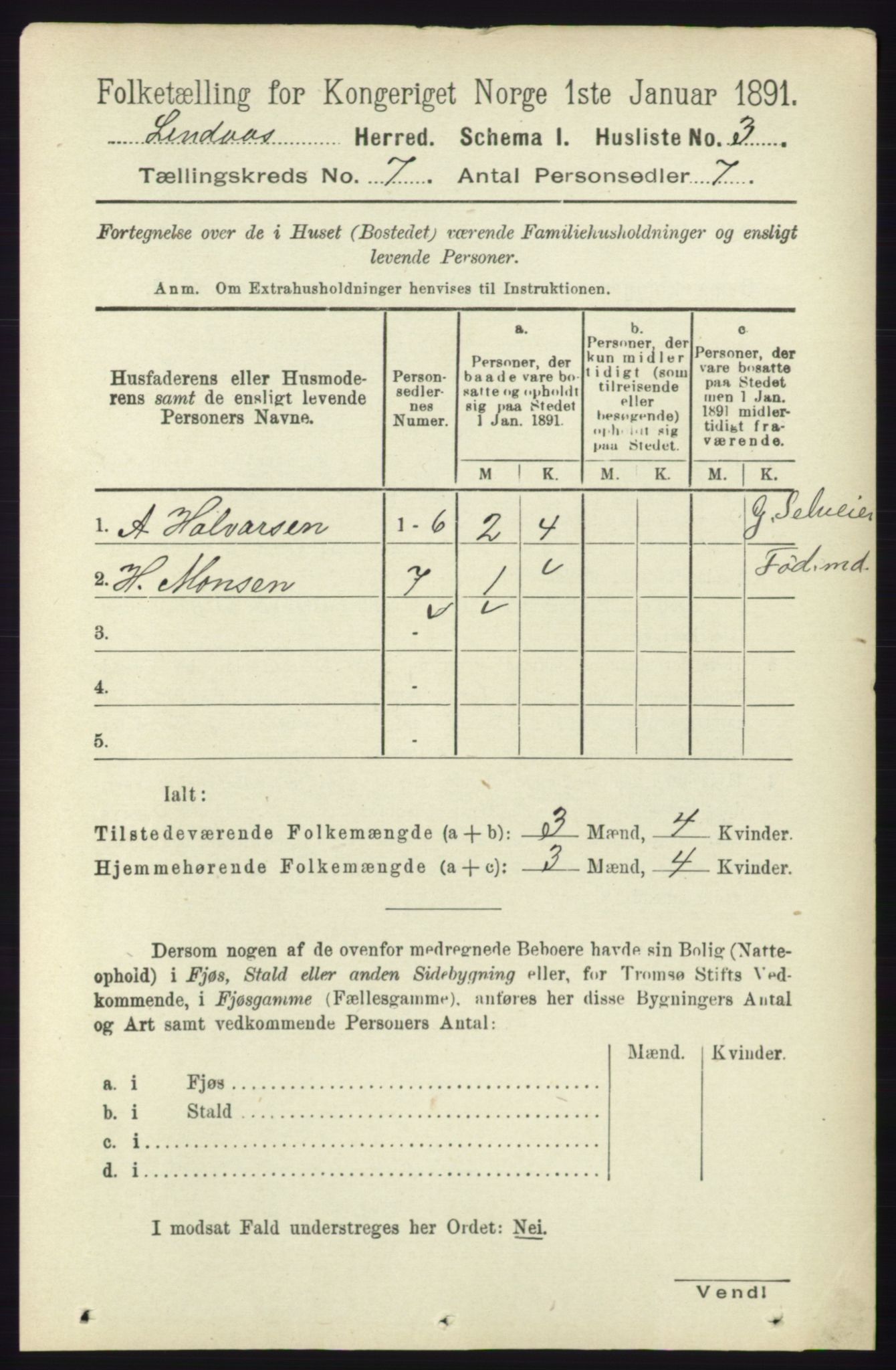 RA, 1891 census for 1263 Lindås, 1891, p. 2037