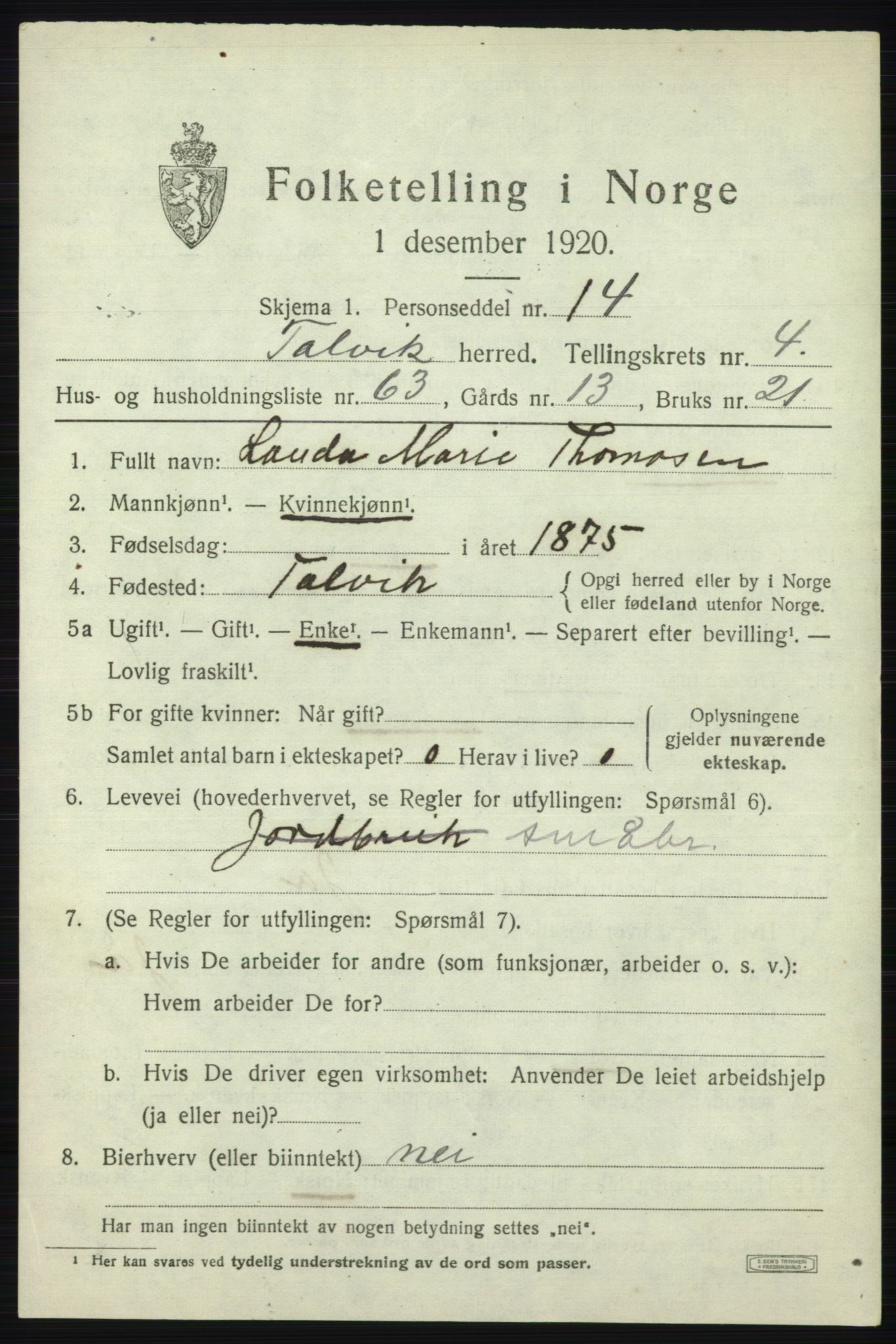 SATØ, 1920 census for Talvik, 1920, p. 3342