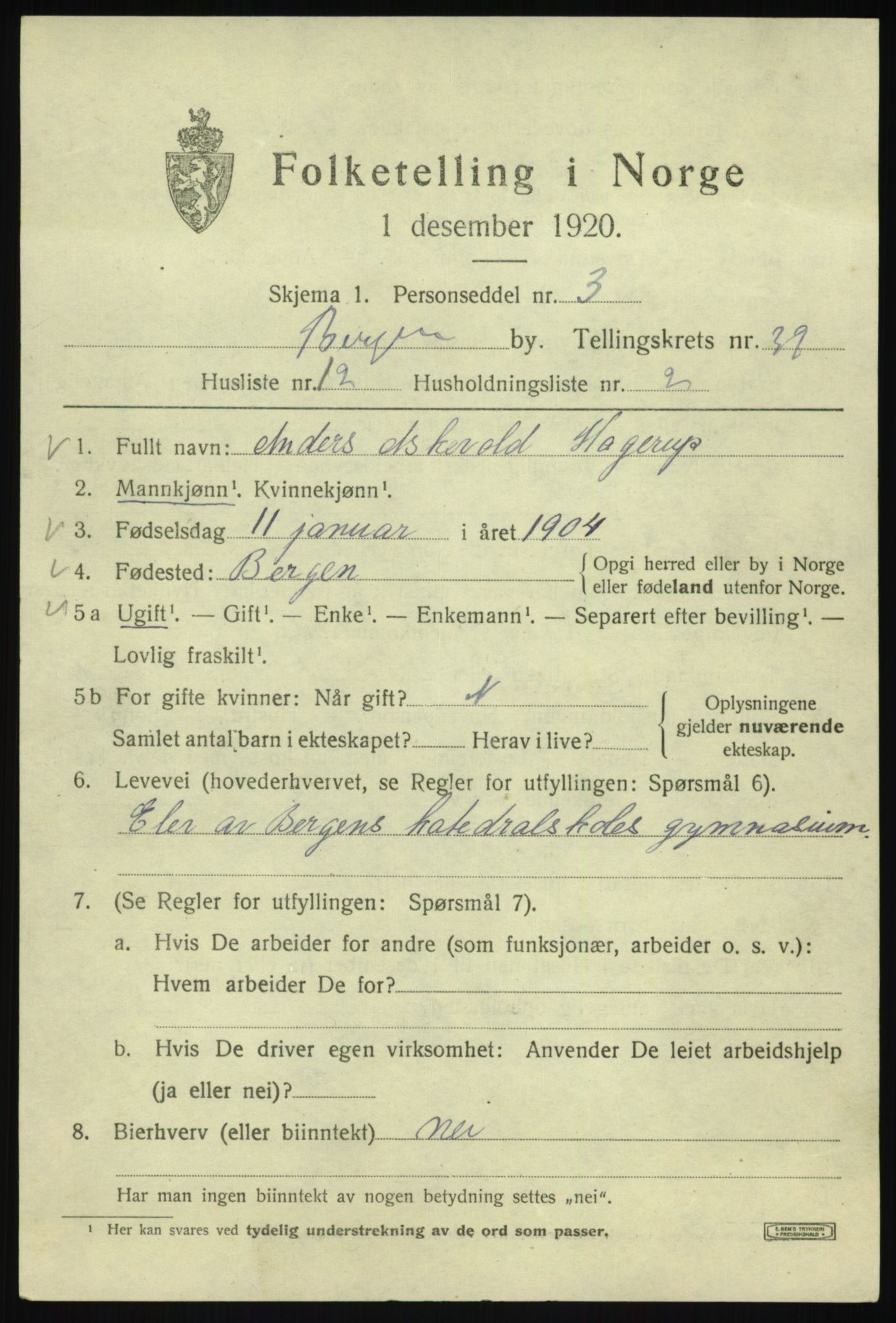 SAB, 1920 census for Bergen, 1920, p. 106913