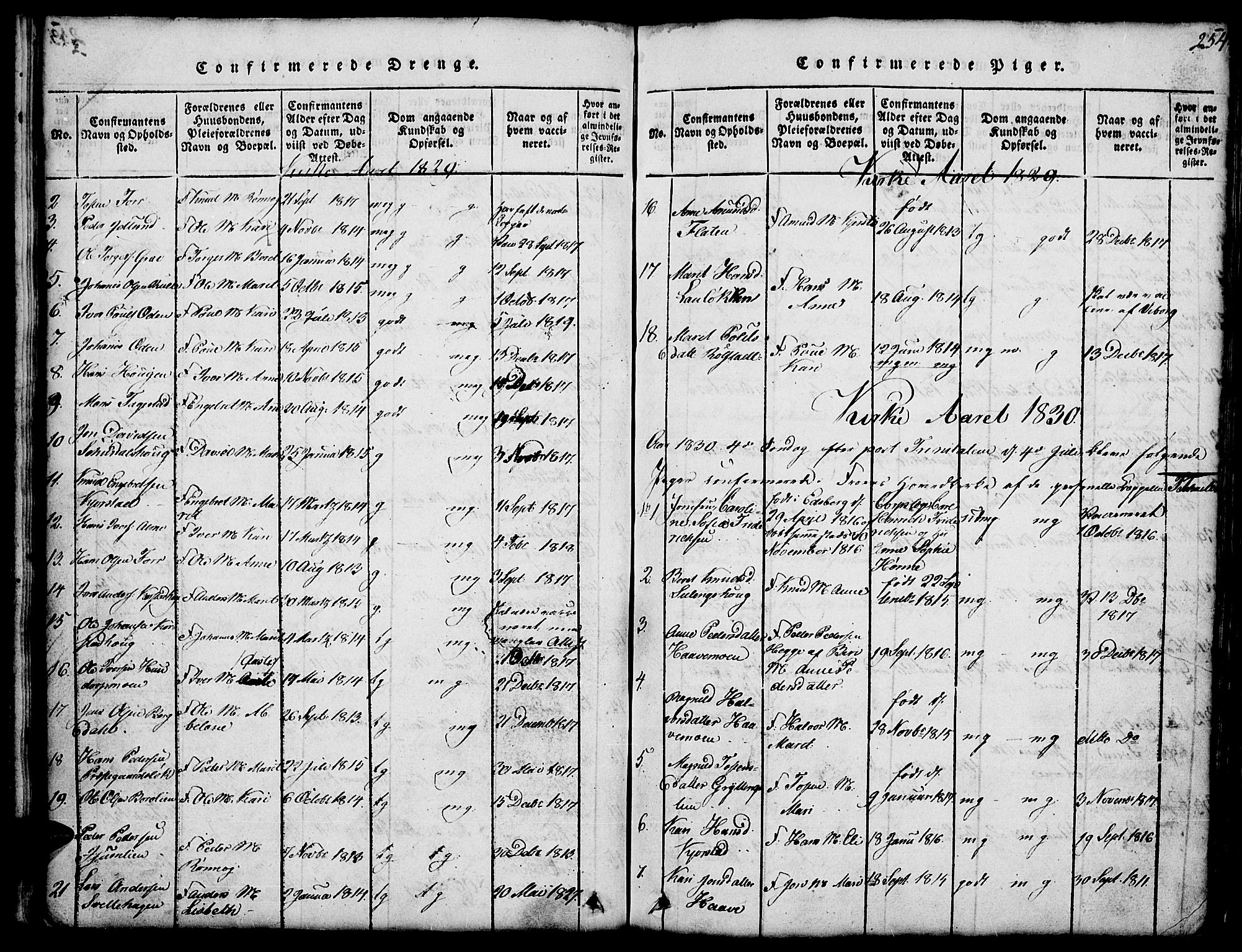 Fron prestekontor, SAH/PREST-078/H/Ha/Hab/L0001: Parish register (copy) no. 1, 1816-1843, p. 254