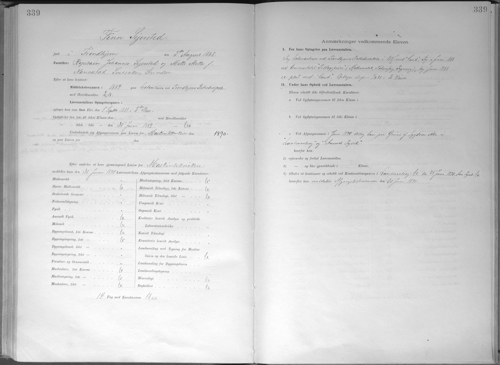Trondhjems tekniske læreanstalt, AV/SAT-A-1622/G/Ga/L0046: Karakterprotokoll, faste elever, 1870-1890