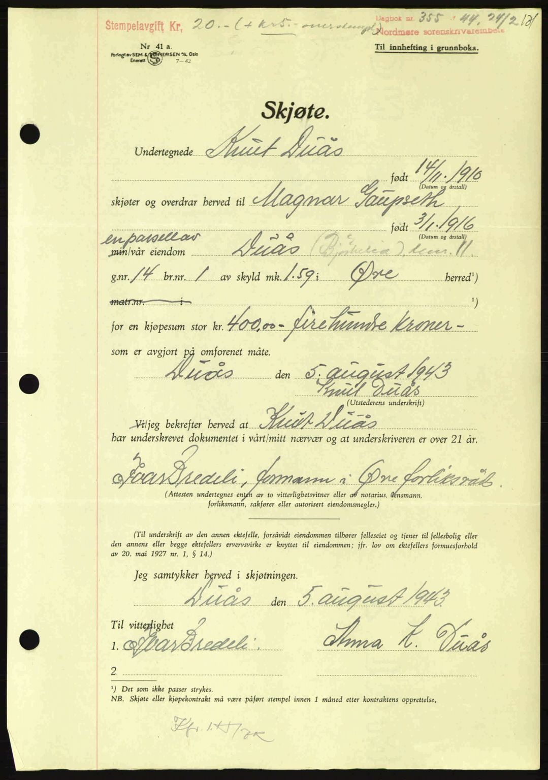 Nordmøre sorenskriveri, AV/SAT-A-4132/1/2/2Ca: Mortgage book no. A97, 1944-1944, Diary no: : 355/1944