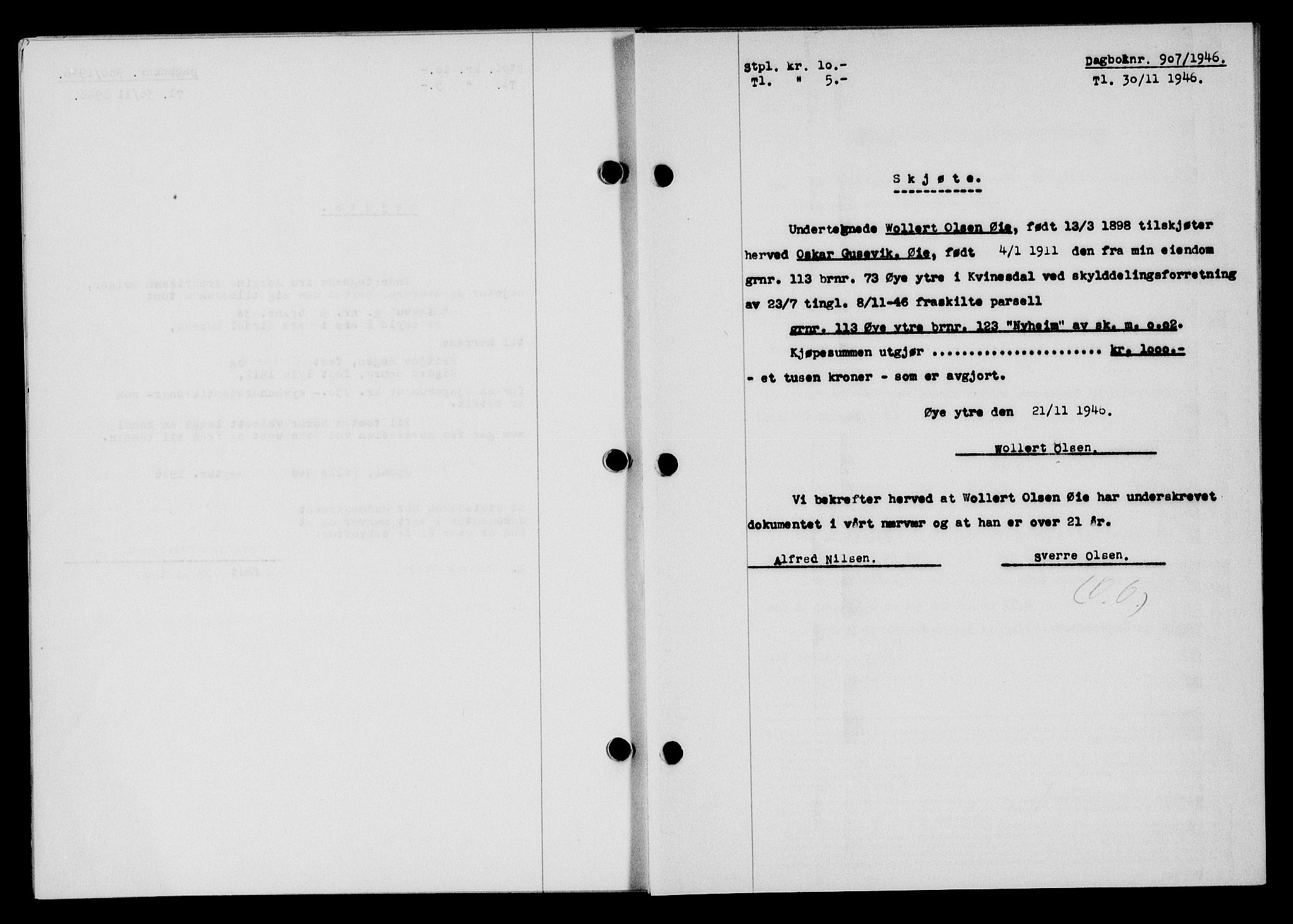 Flekkefjord sorenskriveri, SAK/1221-0001/G/Gb/Gba/L0061: Mortgage book no. A-9, 1946-1947, Diary no: : 907/1946