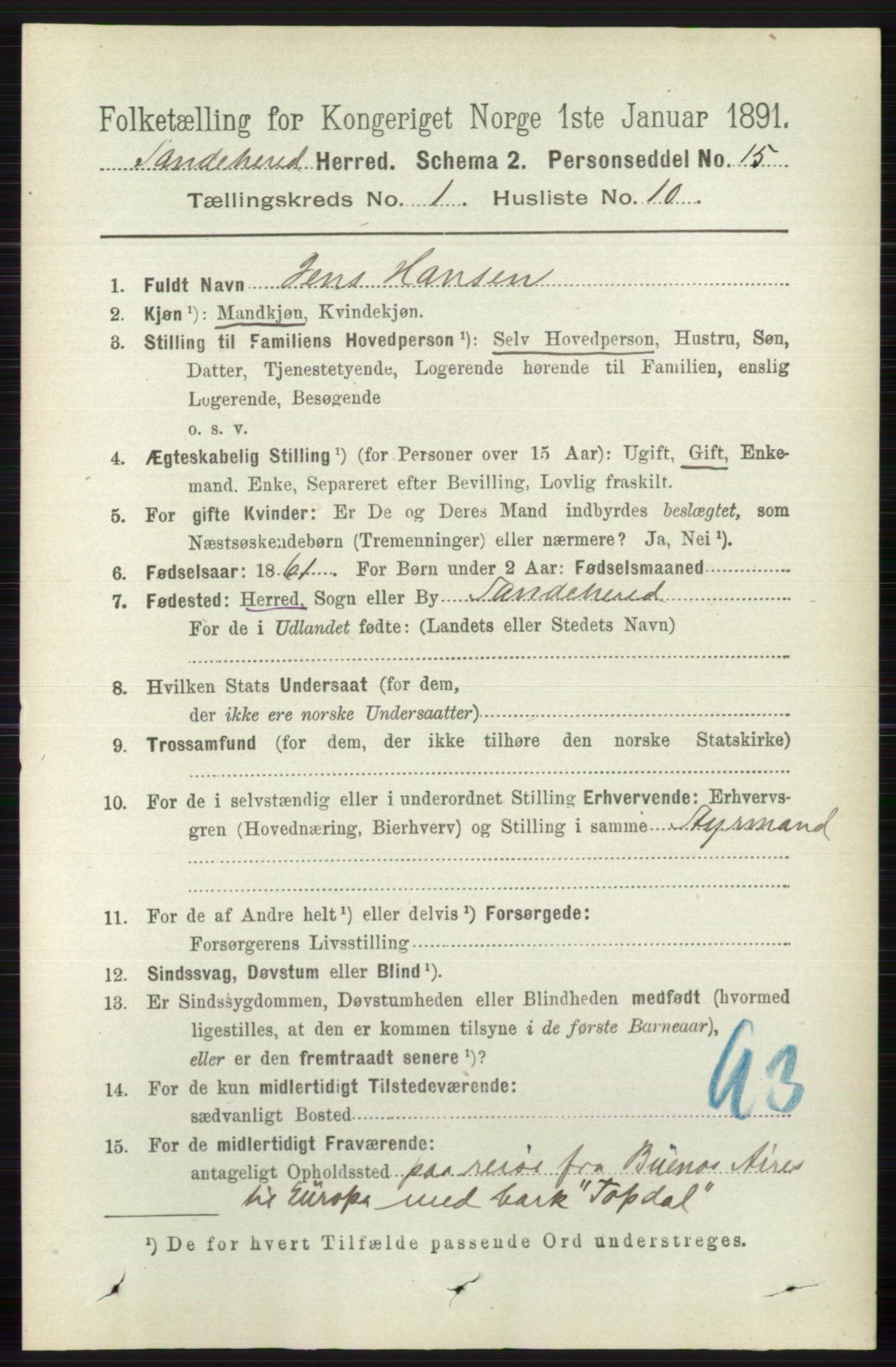 RA, 1891 census for 0724 Sandeherred, 1891, p. 249