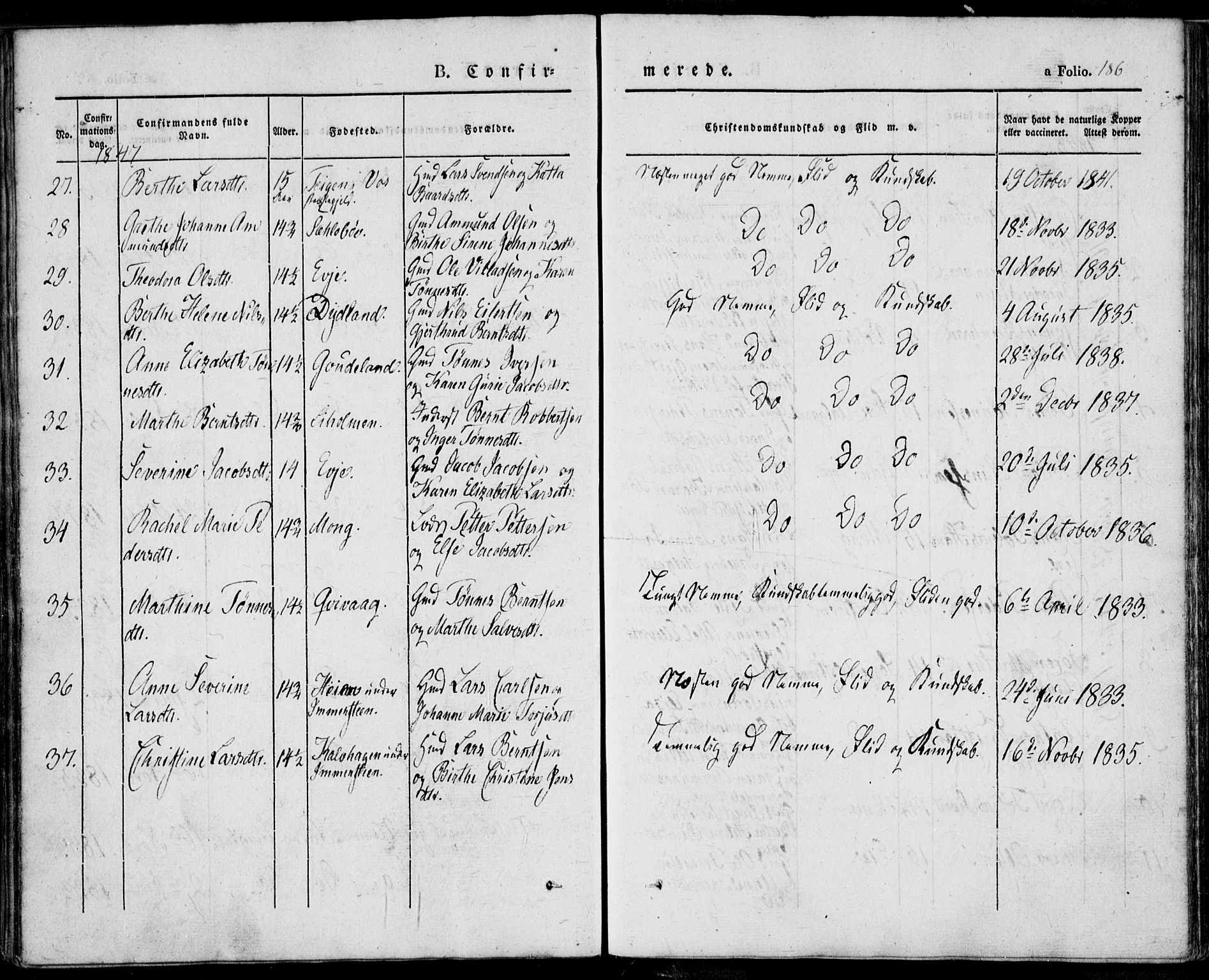 Sokndal sokneprestkontor, AV/SAST-A-101808: Parish register (official) no. A 8.1, 1842-1857, p. 186