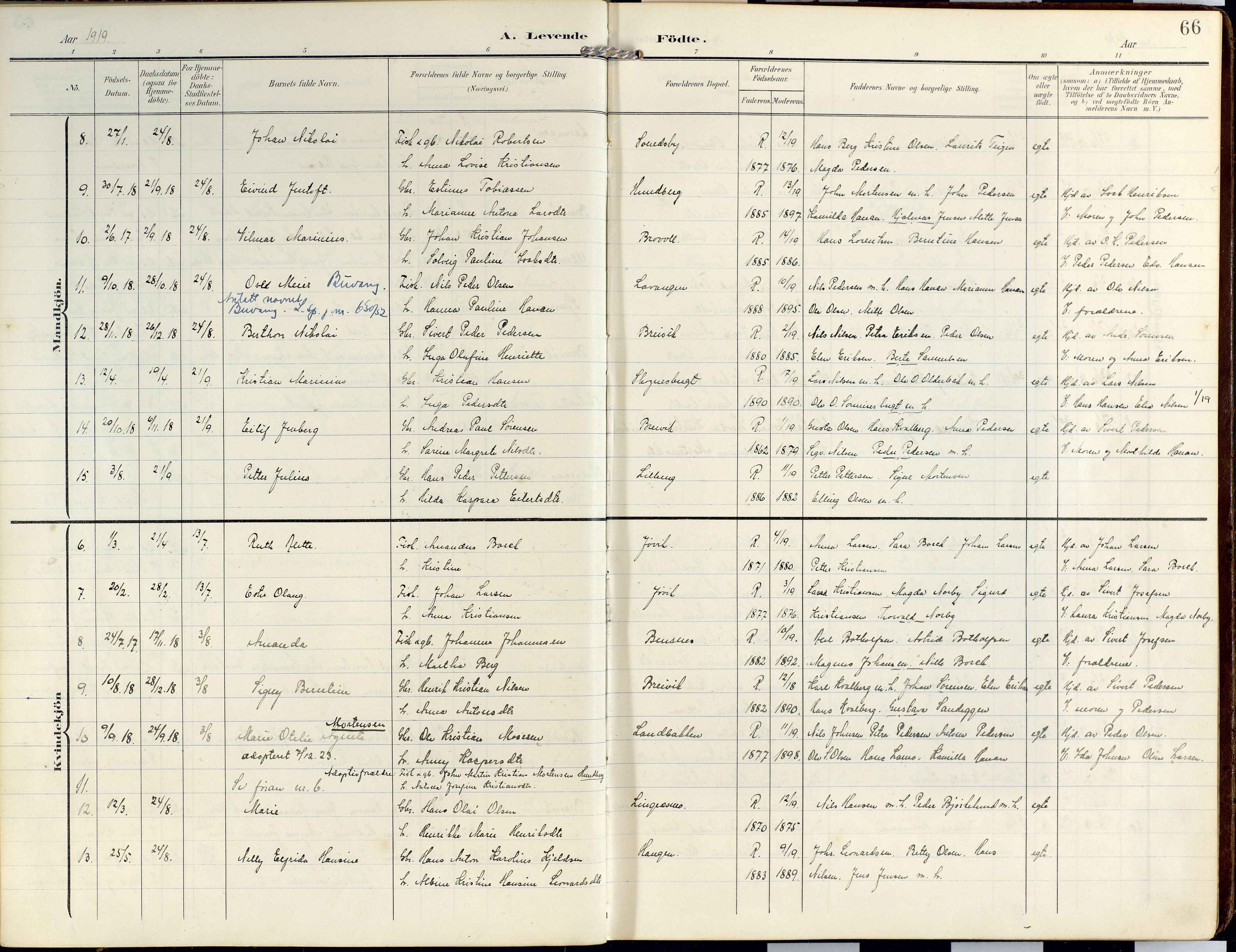 Lyngen sokneprestembete, AV/SATØ-S-1289/H/He/Hea/L0014kirke: Parish register (official) no. 14, 1905-1920, p. 66