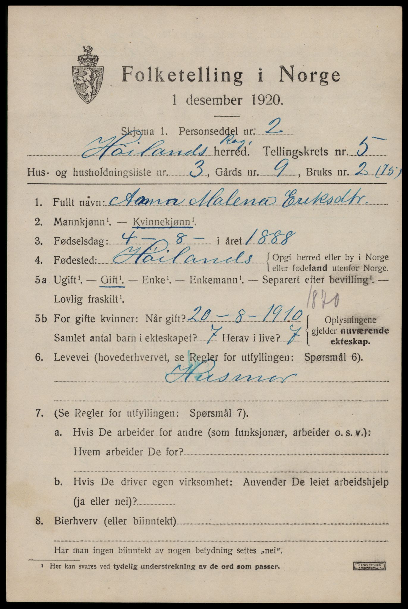 SAST, 1920 census for Høyland, 1920, p. 3734