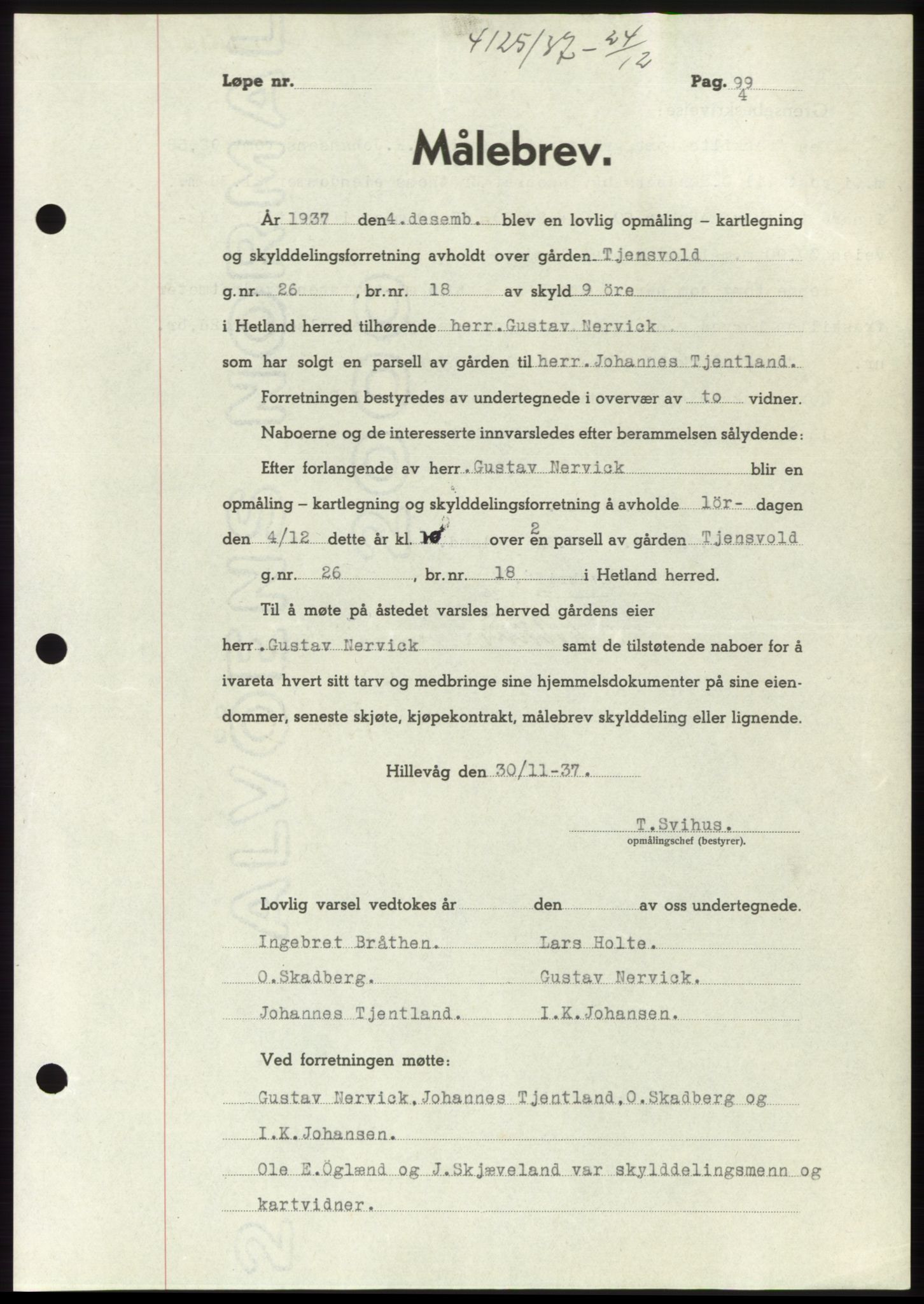 Jæren sorenskriveri, SAST/A-100310/03/G/Gba/L0069: Mortgage book, 1937-1937, Diary no: : 4125/1937