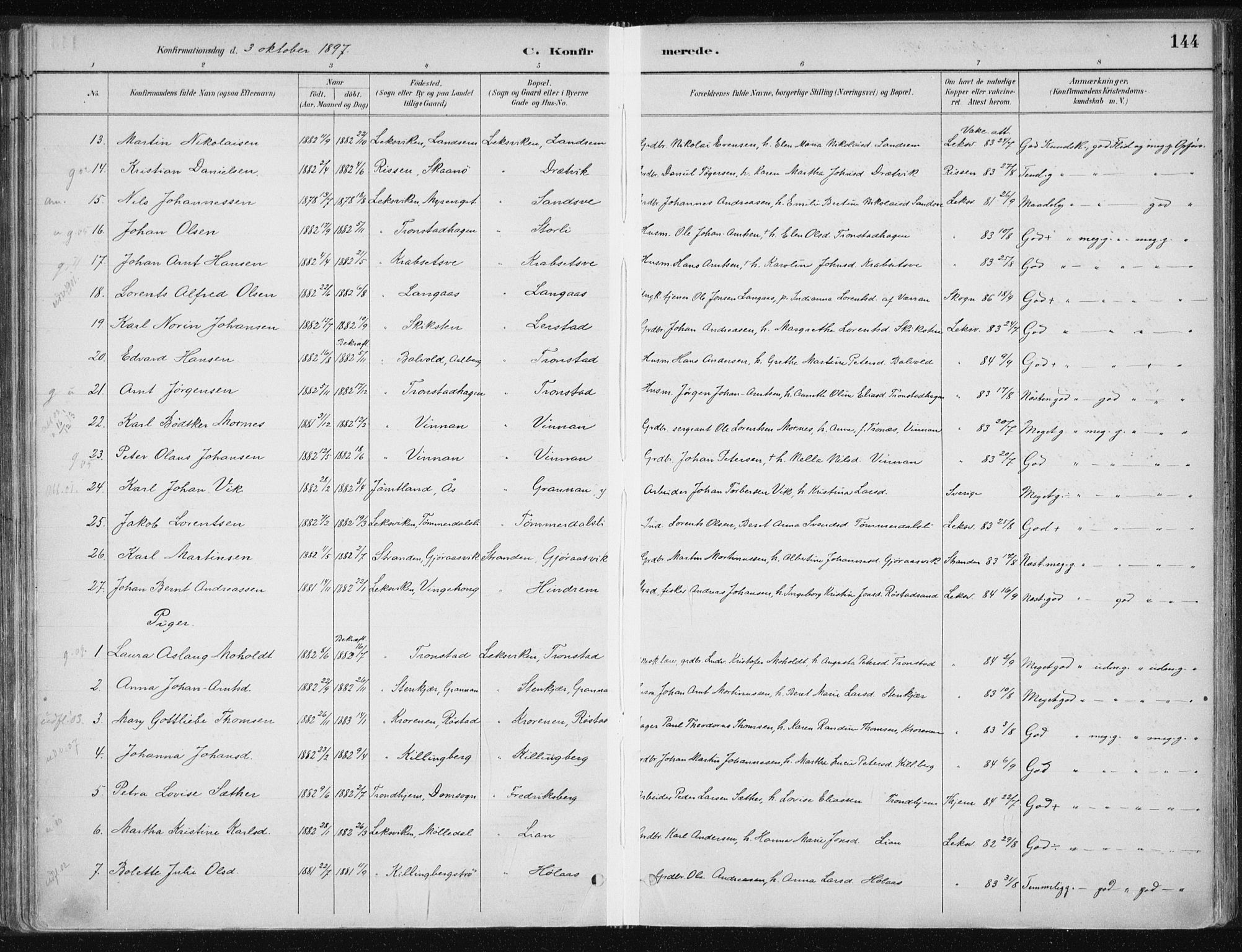 Ministerialprotokoller, klokkerbøker og fødselsregistre - Nord-Trøndelag, SAT/A-1458/701/L0010: Parish register (official) no. 701A10, 1883-1899, p. 144