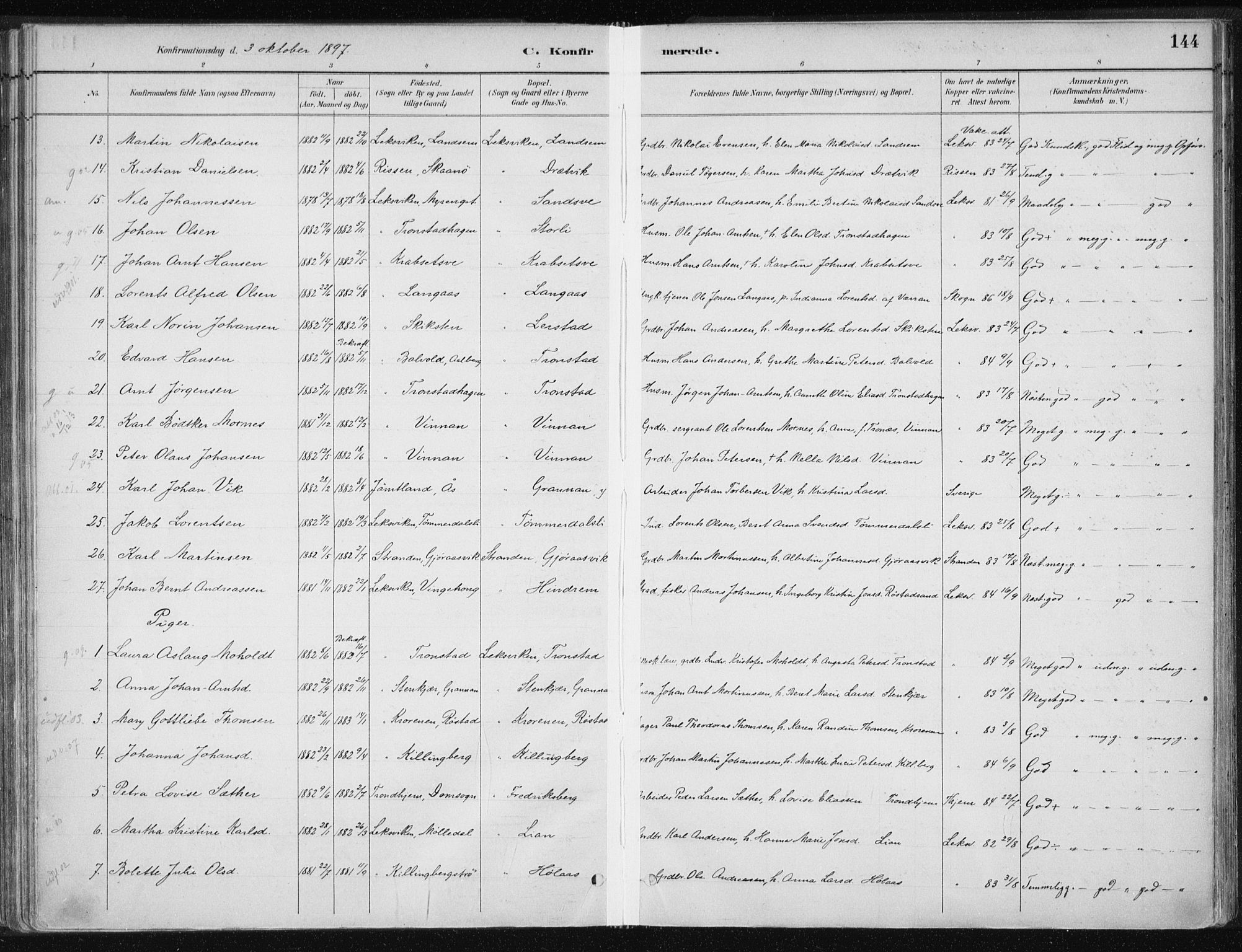 Ministerialprotokoller, klokkerbøker og fødselsregistre - Nord-Trøndelag, AV/SAT-A-1458/701/L0010: Parish register (official) no. 701A10, 1883-1899, p. 144