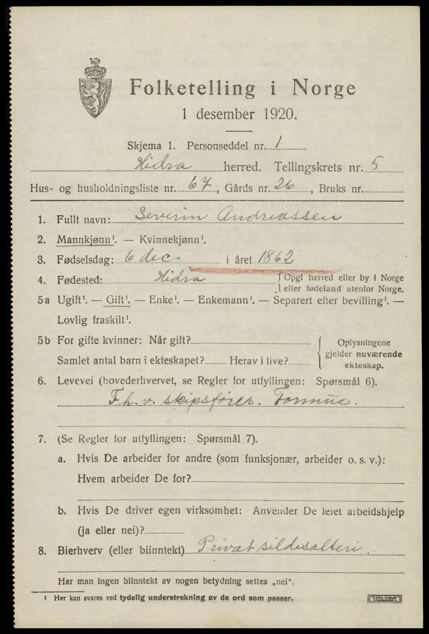 SAK, 1920 census for Hidra, 1920, p. 4090