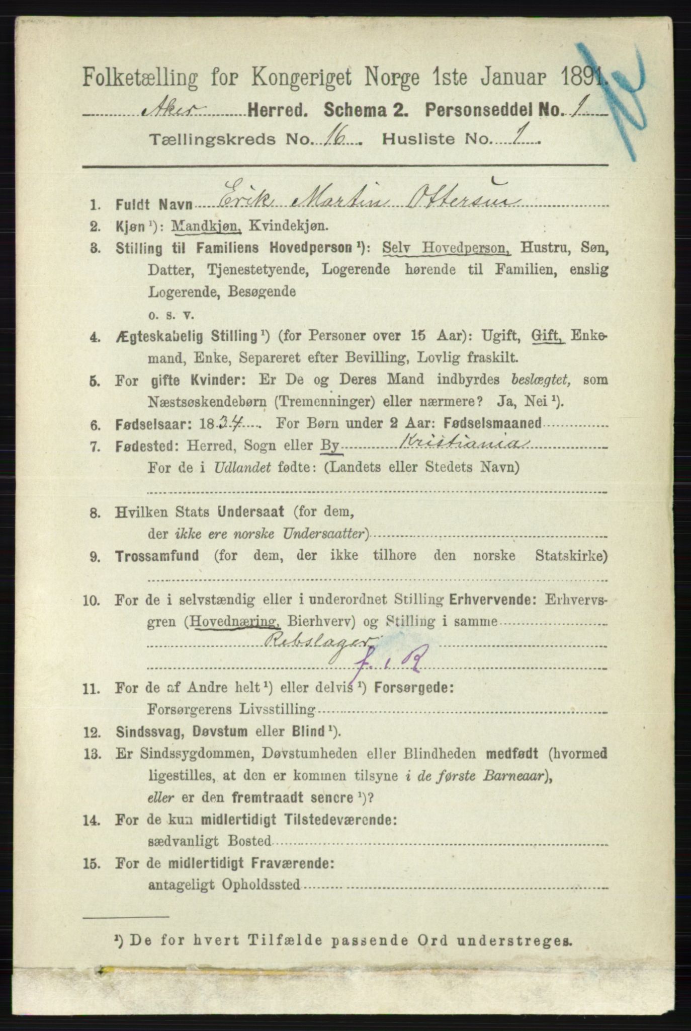 RA, 1891 census for 0218 Aker, 1891, p. 14037