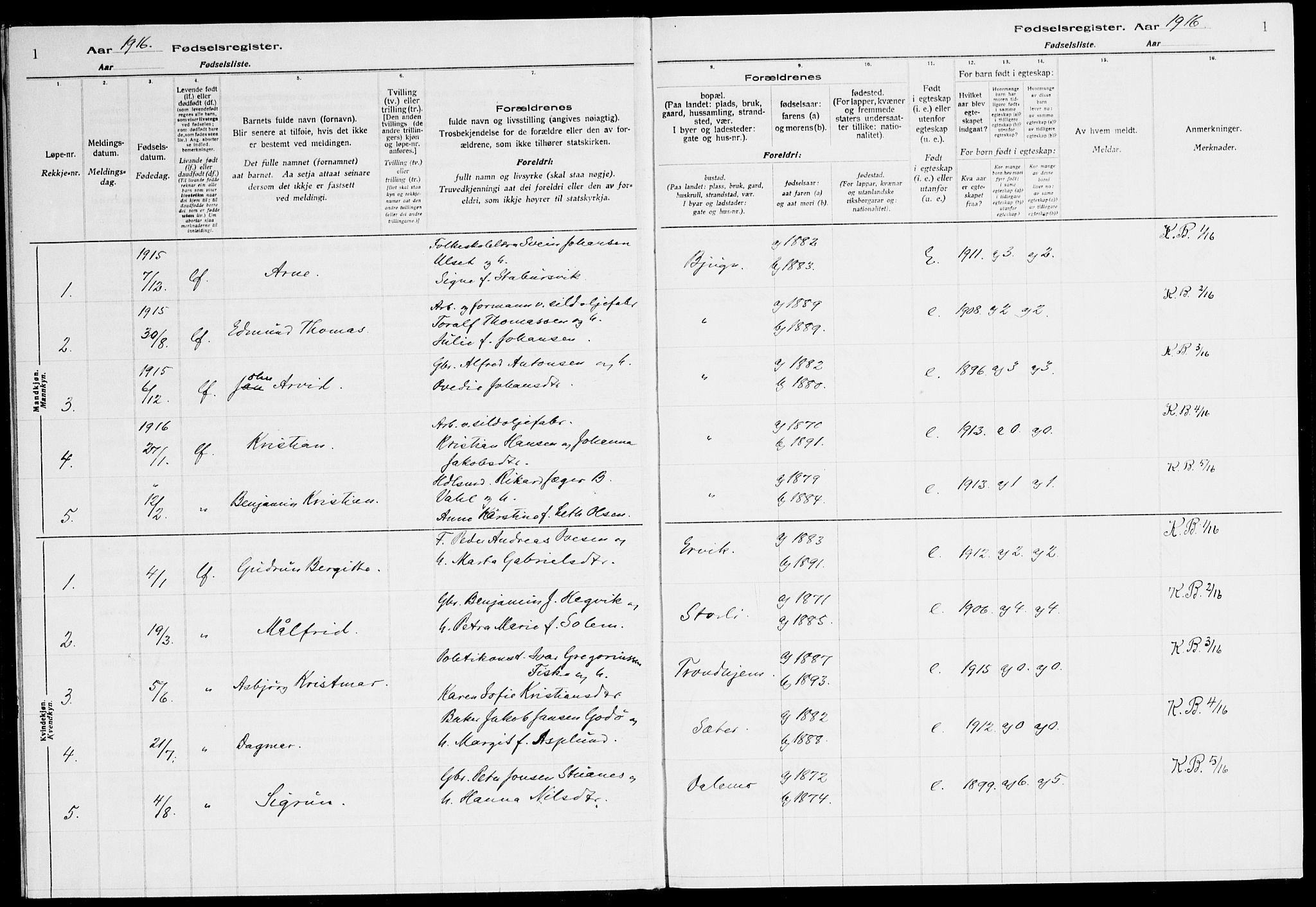 Ministerialprotokoller, klokkerbøker og fødselsregistre - Sør-Trøndelag, SAT/A-1456/651/L0650: Birth register no. 651.II.4.1, 1916-1923, p. 1